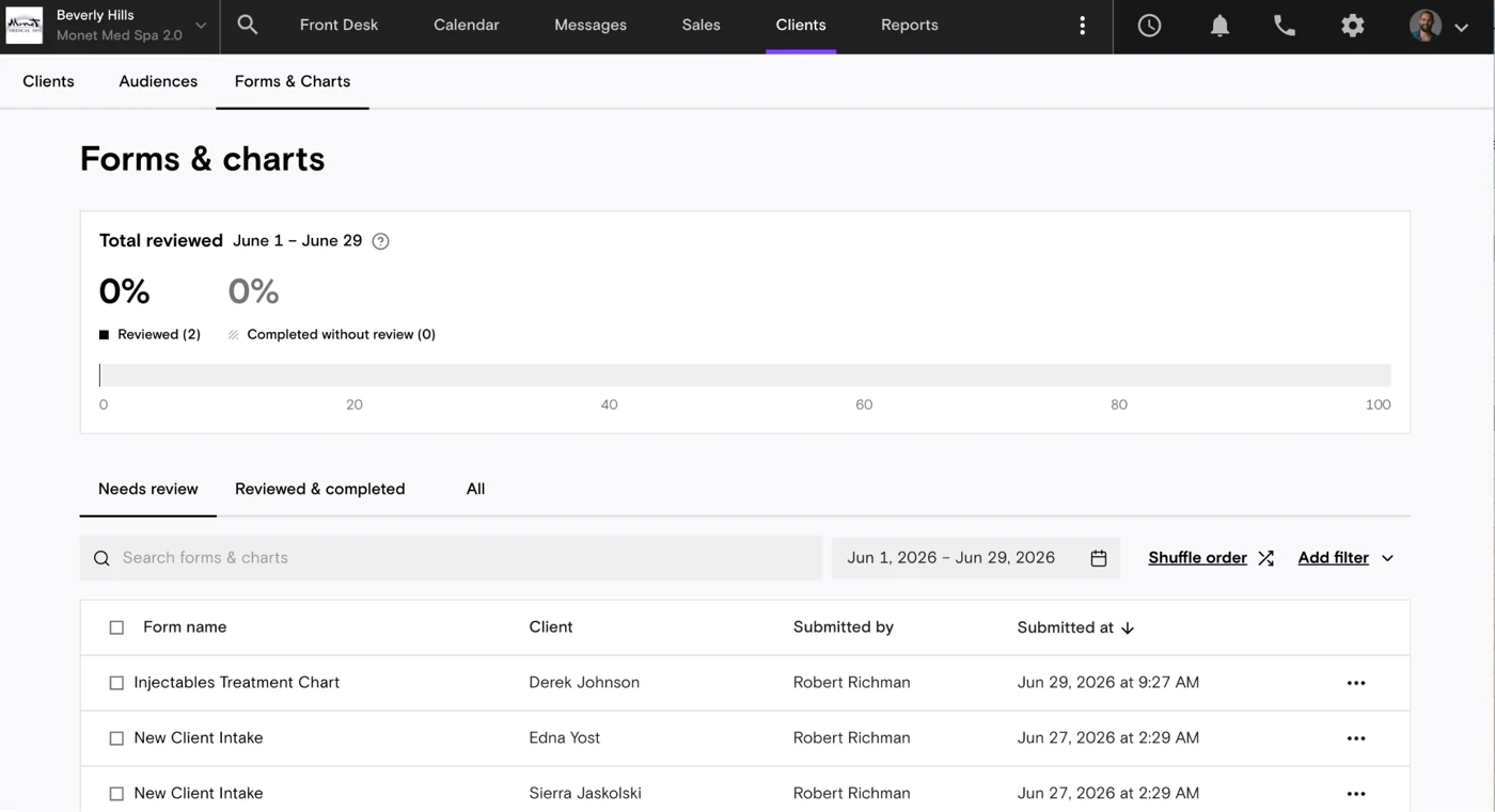 Boulevard Forms and Charts screen showing review progress, filters and submitted documents