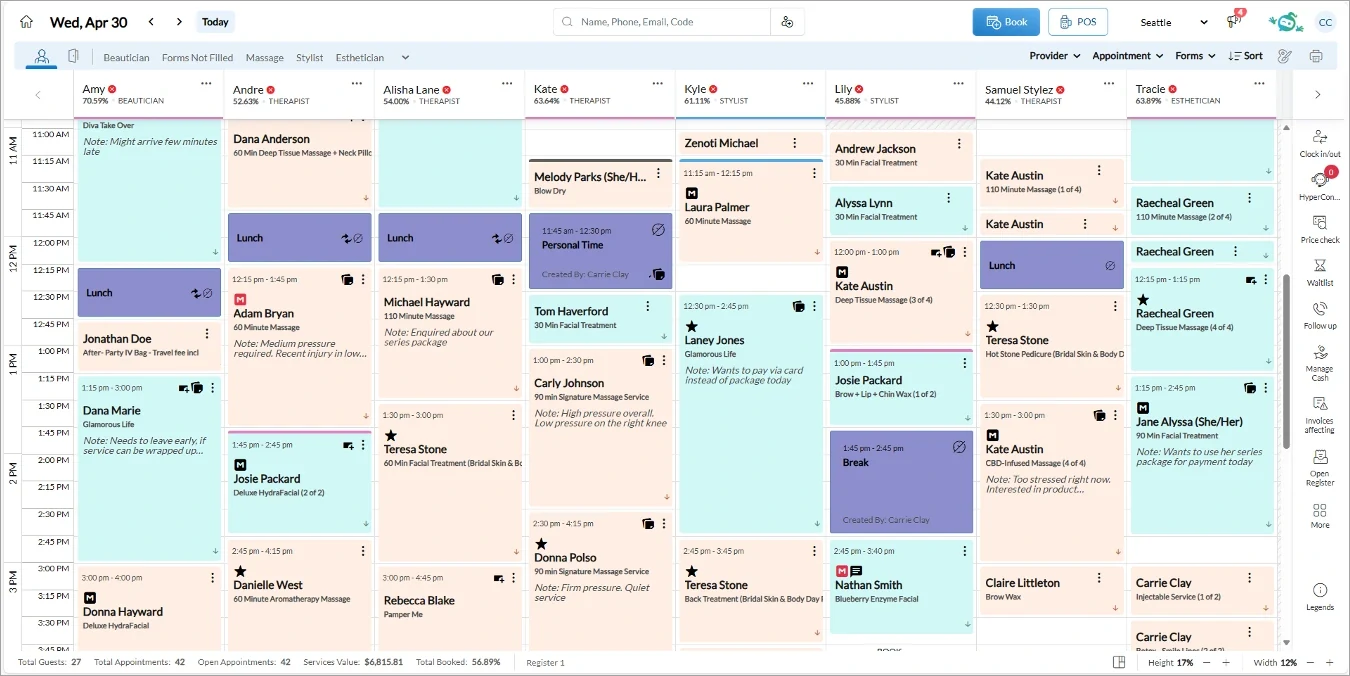 Zenoti redesigned appointment book with provider columns and color-coded appointments