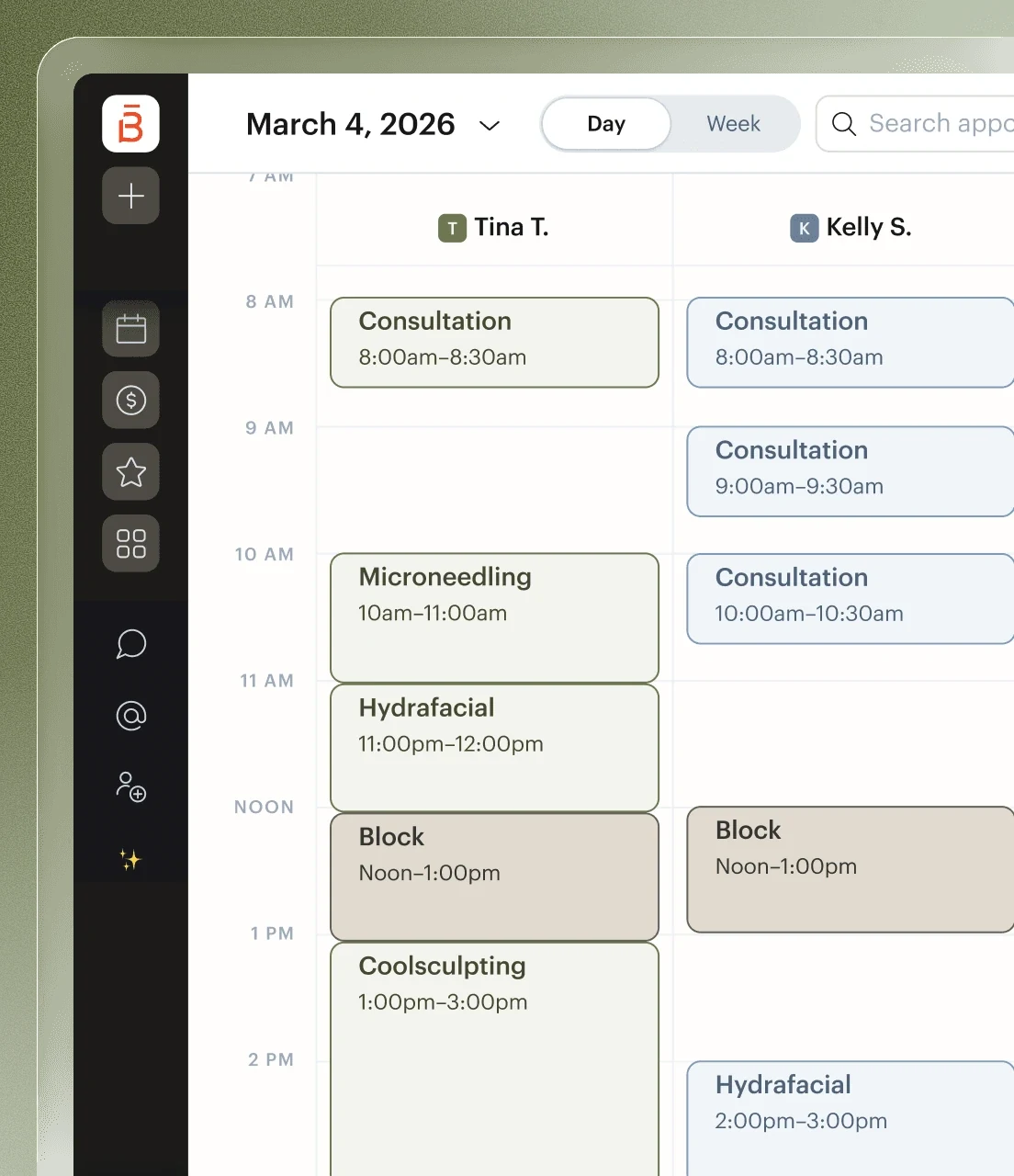 Podium Aesthetics daily calendar with provider columns and treatment appointments