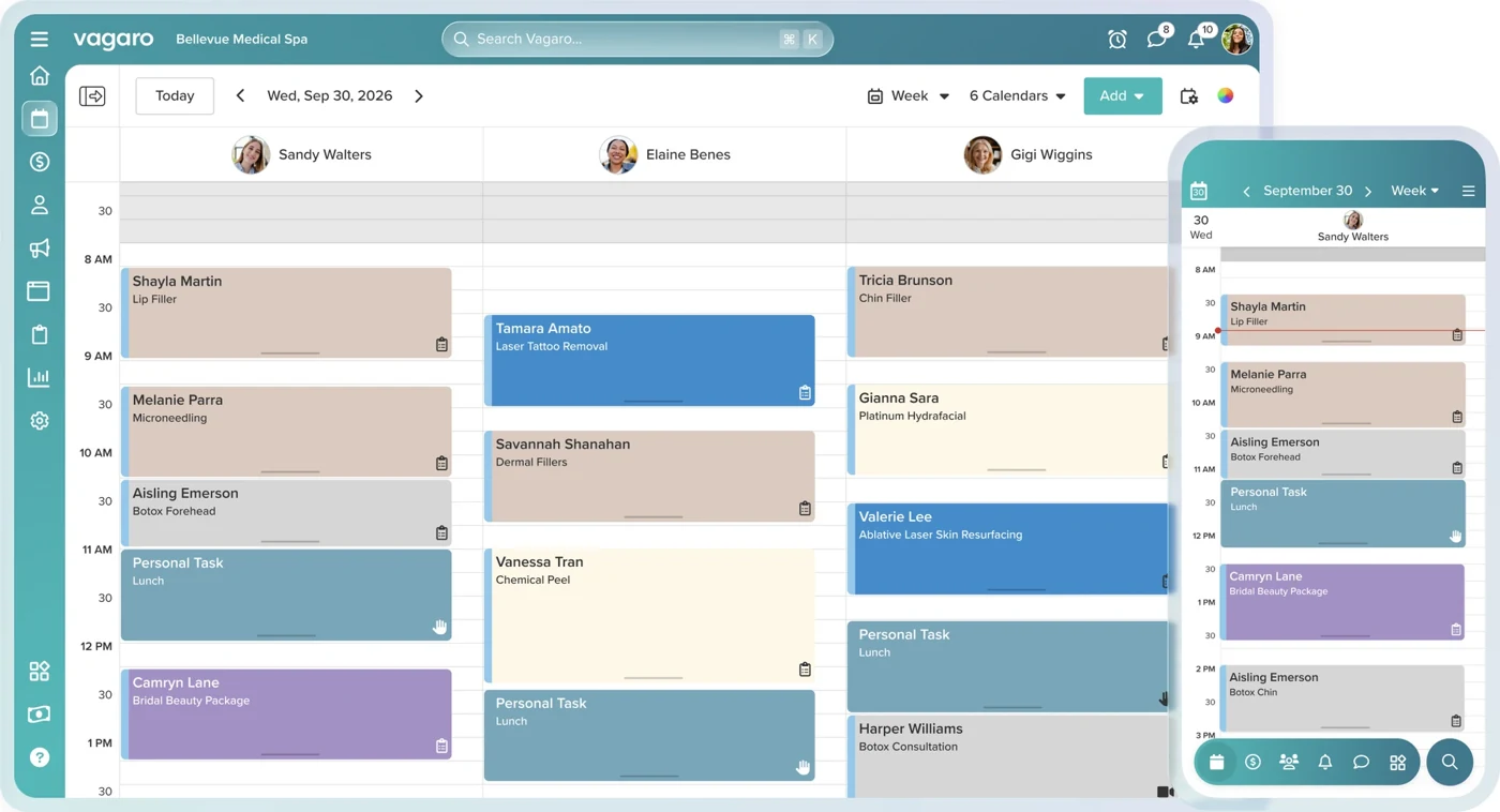 Vagaro medspa appointment calendar displayed on desktop and mobile