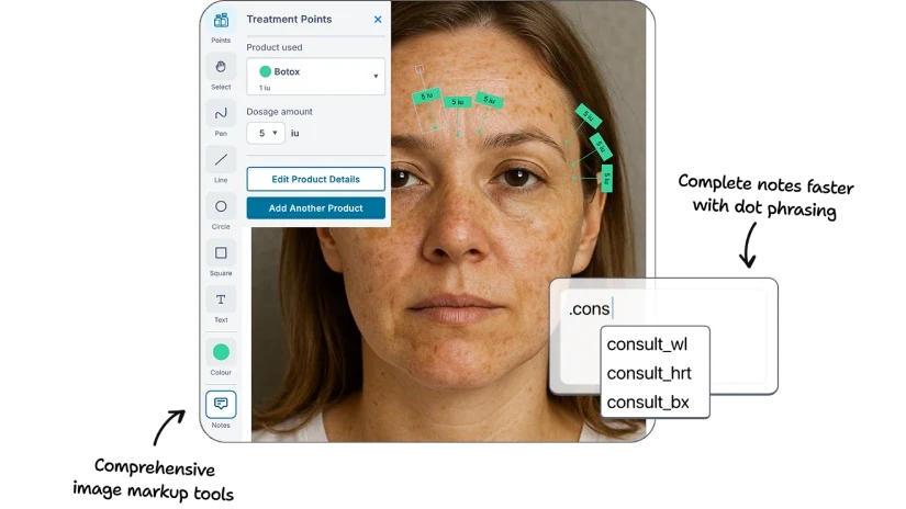 Phorest photo-markup tools with treatment points, dosage fields and note suggestions