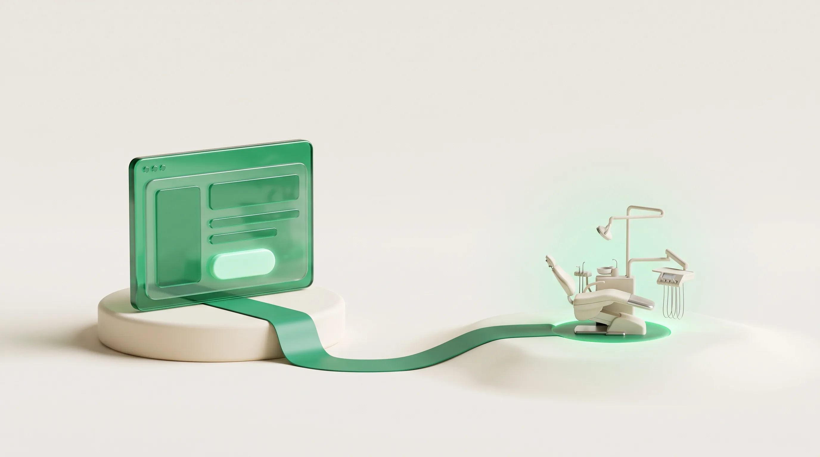 Dentist SEO illustration: a 3D service-page card linked to a dental chair, showing optimized pages converting visitors into booked patients