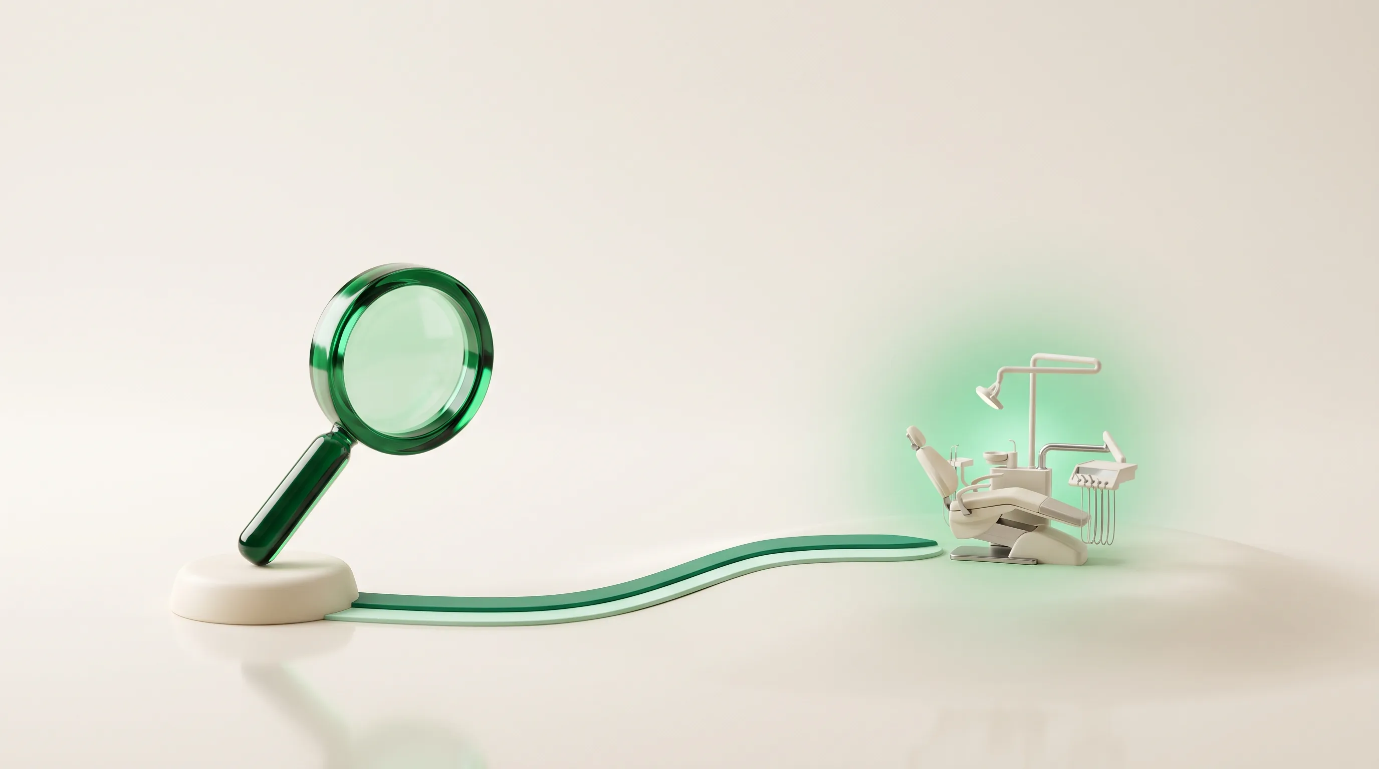 Emerald glass magnifying glass linked by a green path to a glowing dental chair, illustrating a dental SEO expert turning search into booked patients