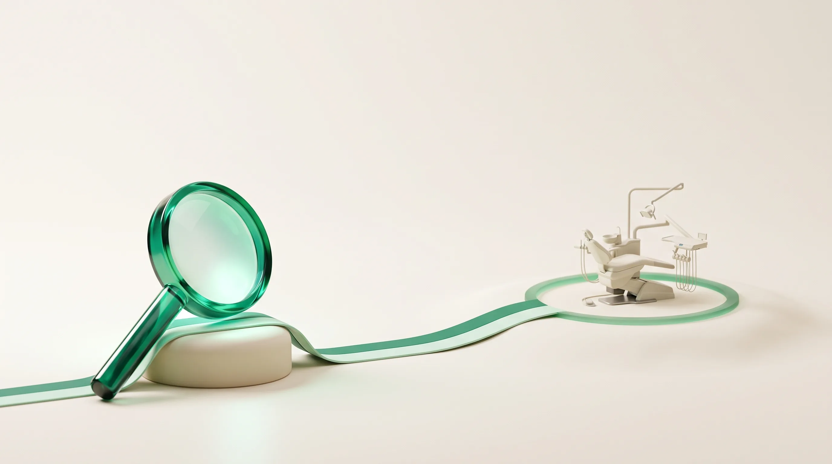 Emerald glass magnifying glass with a path leading to a dental chair, illustrating how to choose dental SEO services that book patients