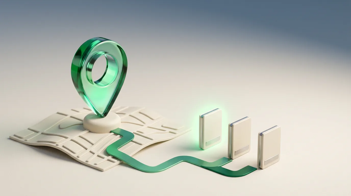 A 3D emerald glass map pin on a small city map with a path leading to three separate treatment page cards, one glowing to signal a booked patient.