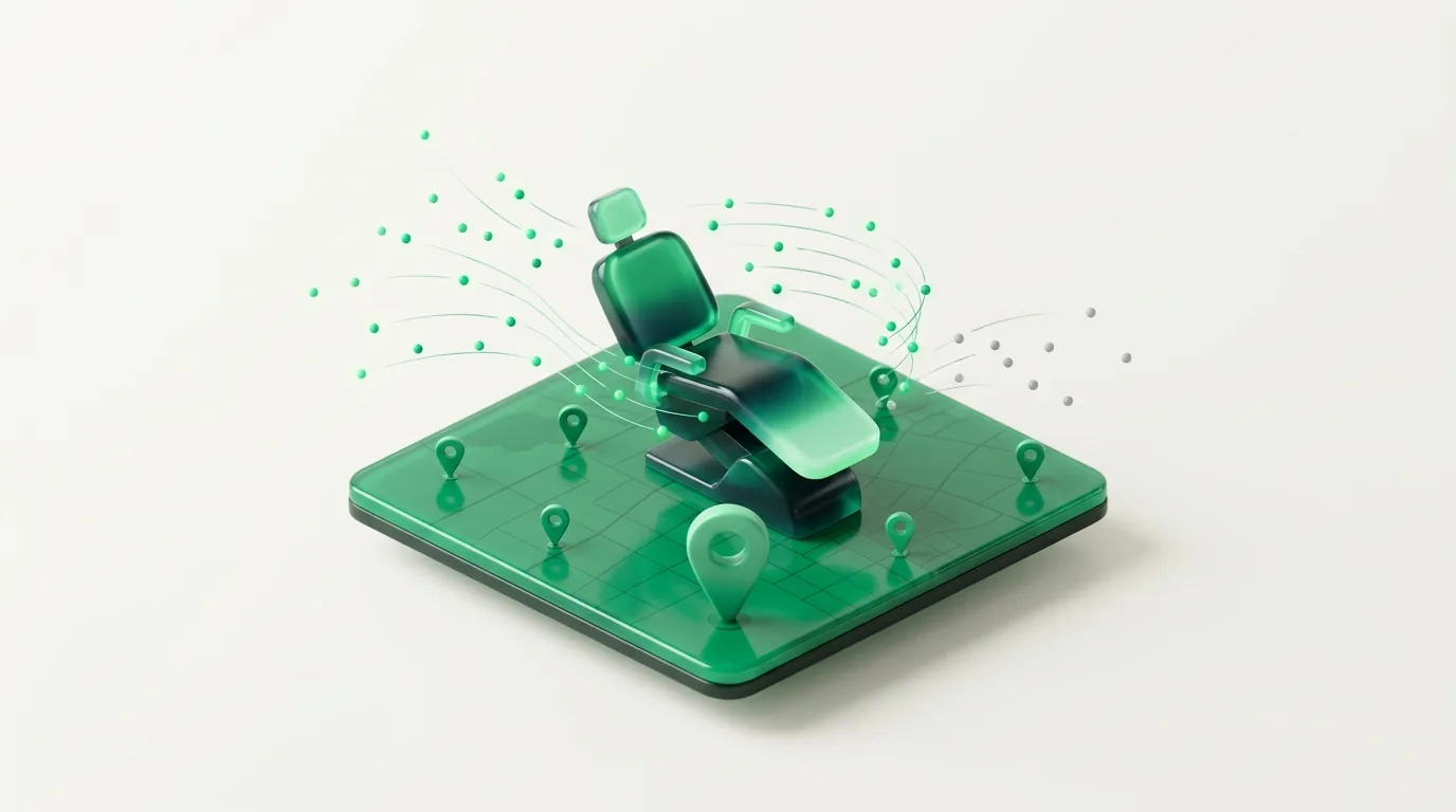 Emerald 3D diorama of a dental treatment chair on a map grid with patient inquiries routed toward it, illustrating dental marketing that fills high-value chairs
