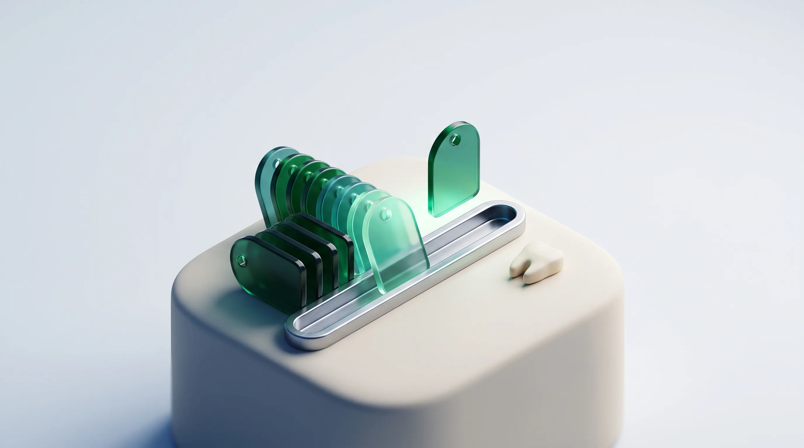 Emerald glass keyword tag tiles filing into a chrome search bar, illustrating a dentist SEO keywords list.