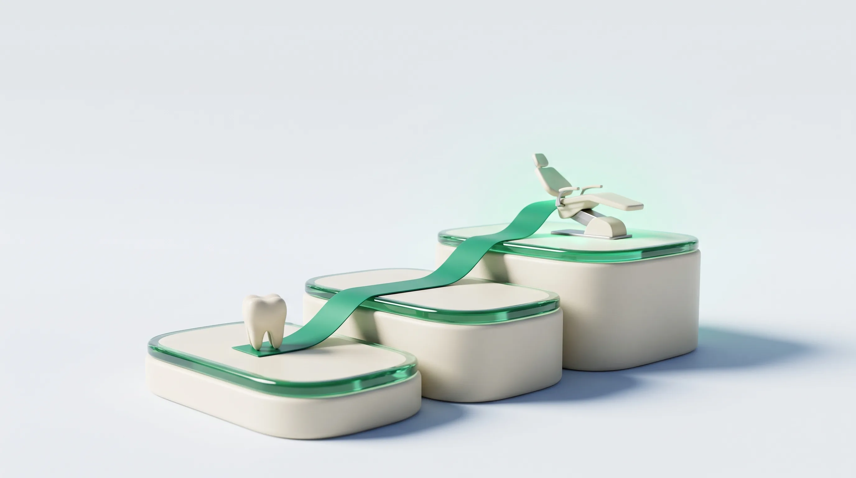 Emerald steps rising to a dental treatment chair, illustrating pediatric dentist SEO turning a search into a booked appointment.