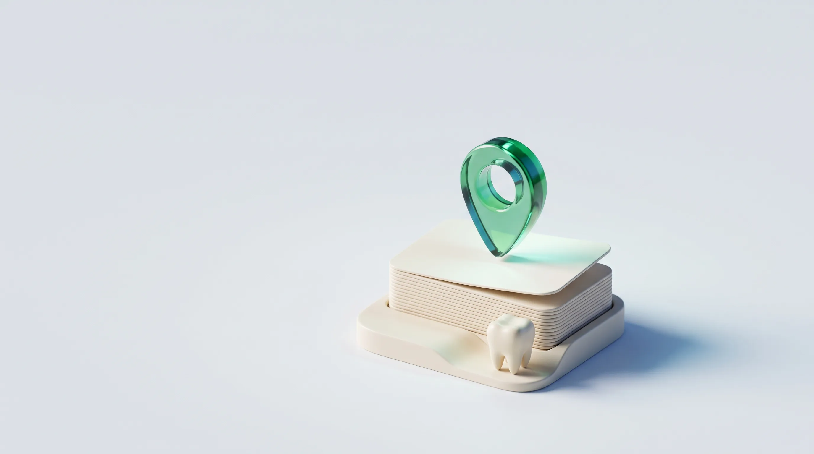 Emerald glass map pin rising above a stack of search result cards, illustrating SEO for pediatric dentists.