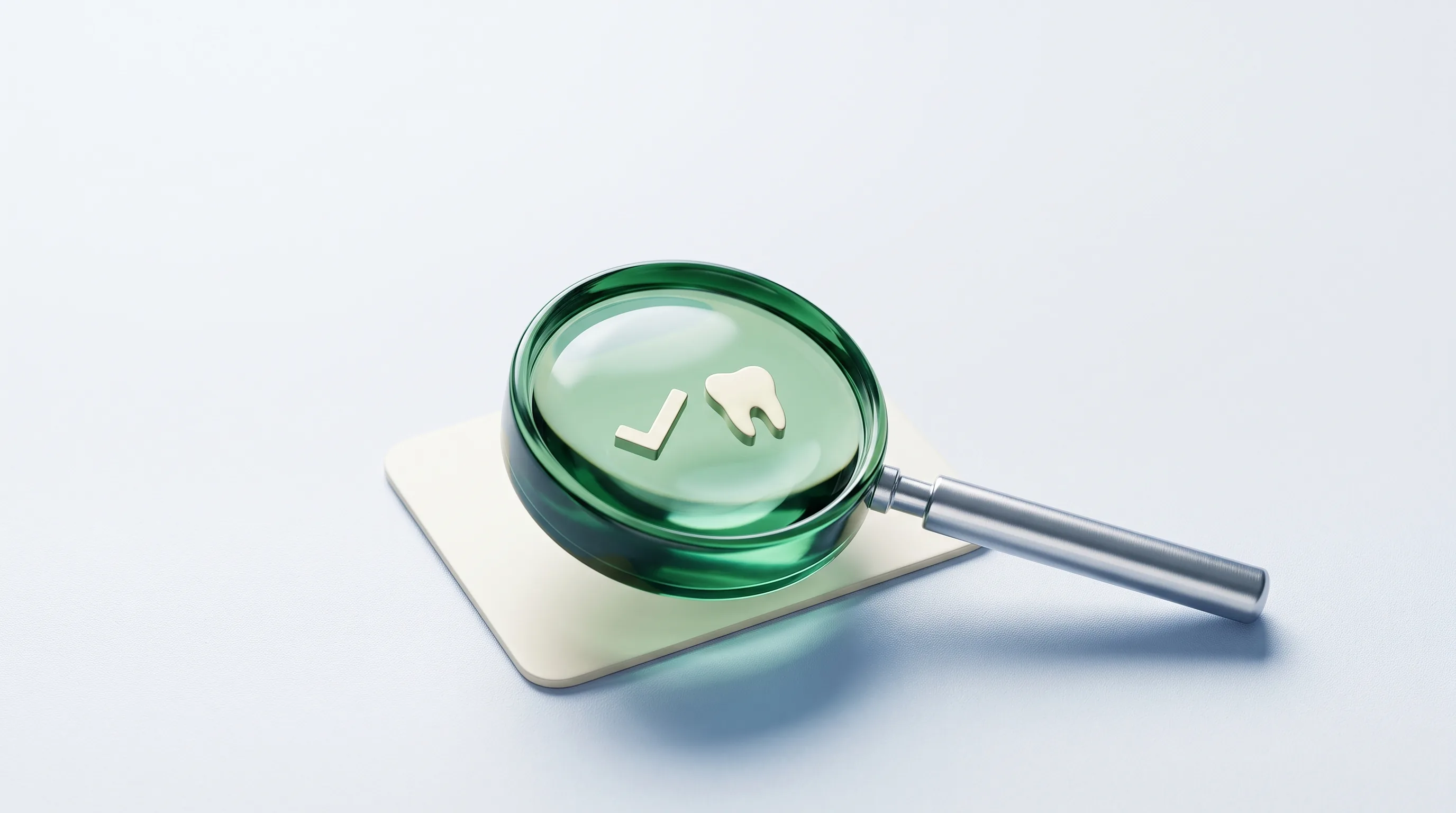 Emerald glass magnifying loupe over a treatment page card with a tooth and checkmark, illustrating dental SEO tips.