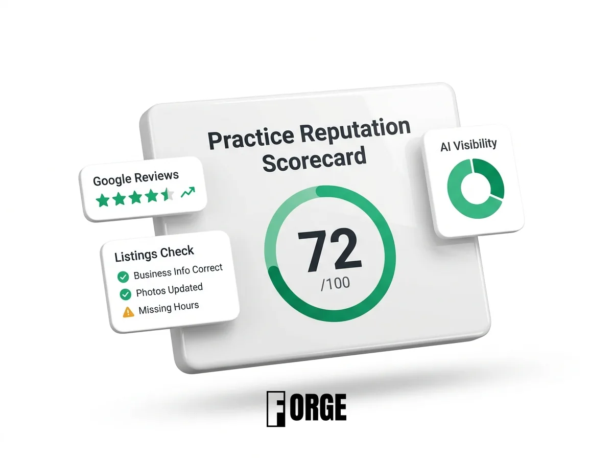 Practice Reputation Scorecard mockup showing a 72 out of 100 score gauge with Google Reviews, Listings Check and AI Visibility cards