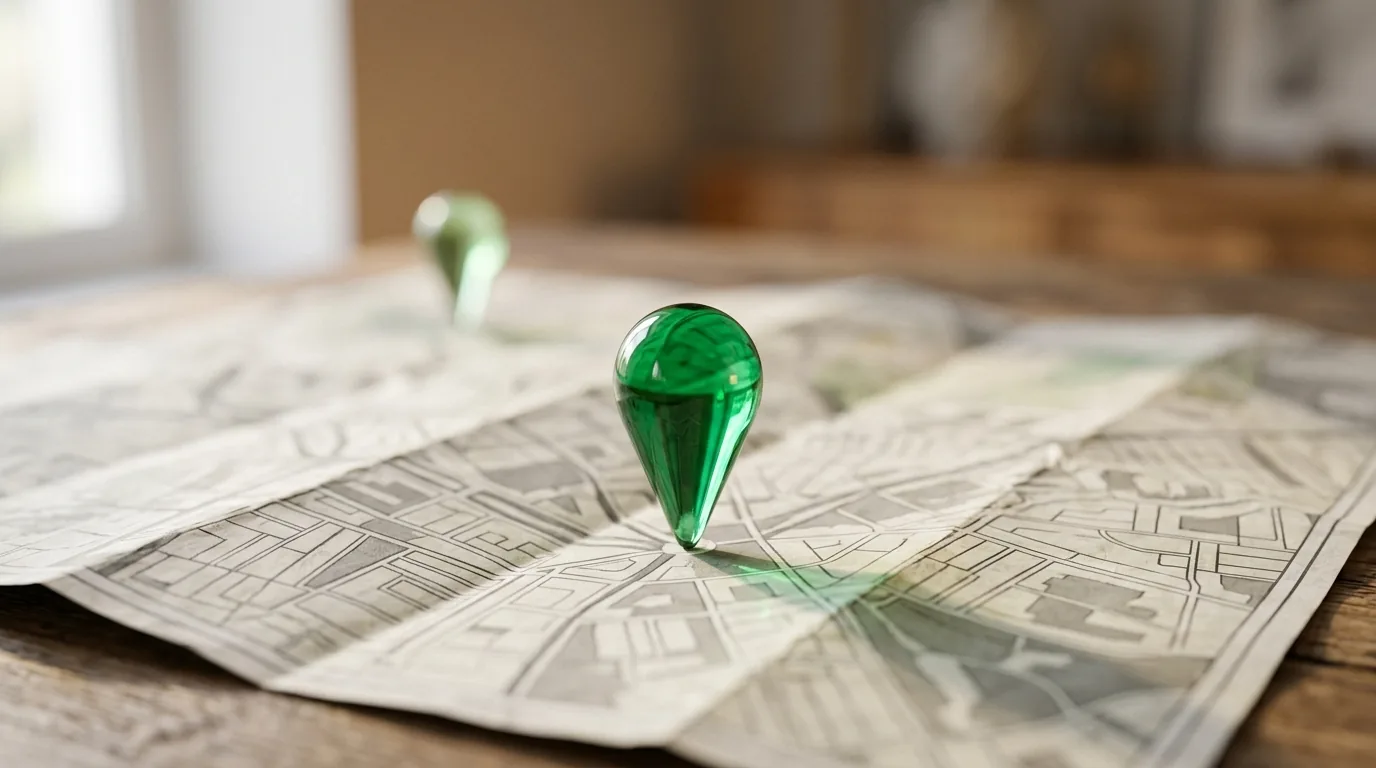 Macro photograph of an emerald glass map pin standing on a folded paper city map, symbolizing local SEO for dentists