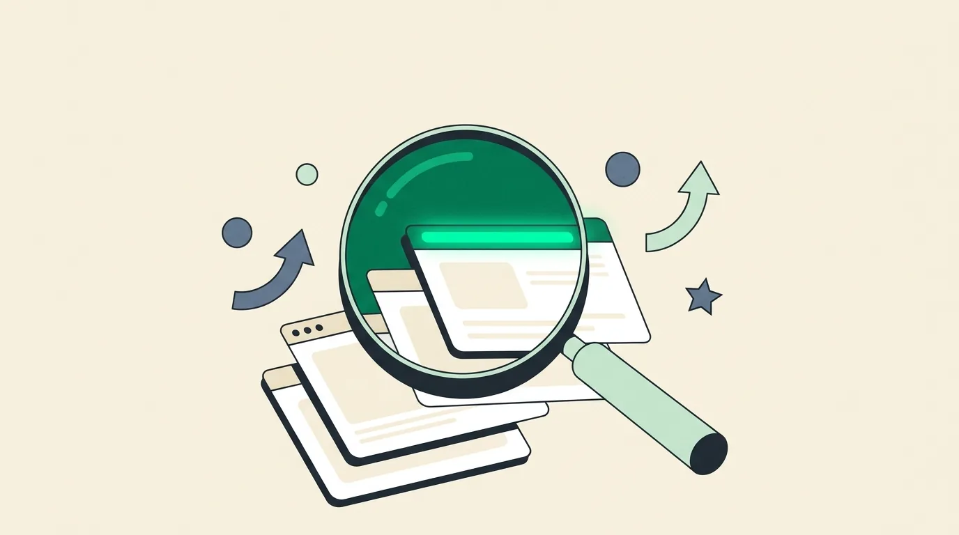 Flat vector illustration of an emerald magnifying glass over rising website page cards, representing dentist SEO search visibility
