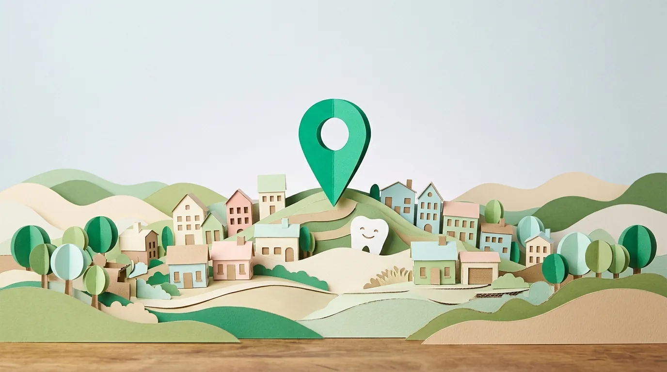 Paper-craft town with a tall emerald map pin and a friendly paper tooth, illustrating pediatric dentist SEO local visibility