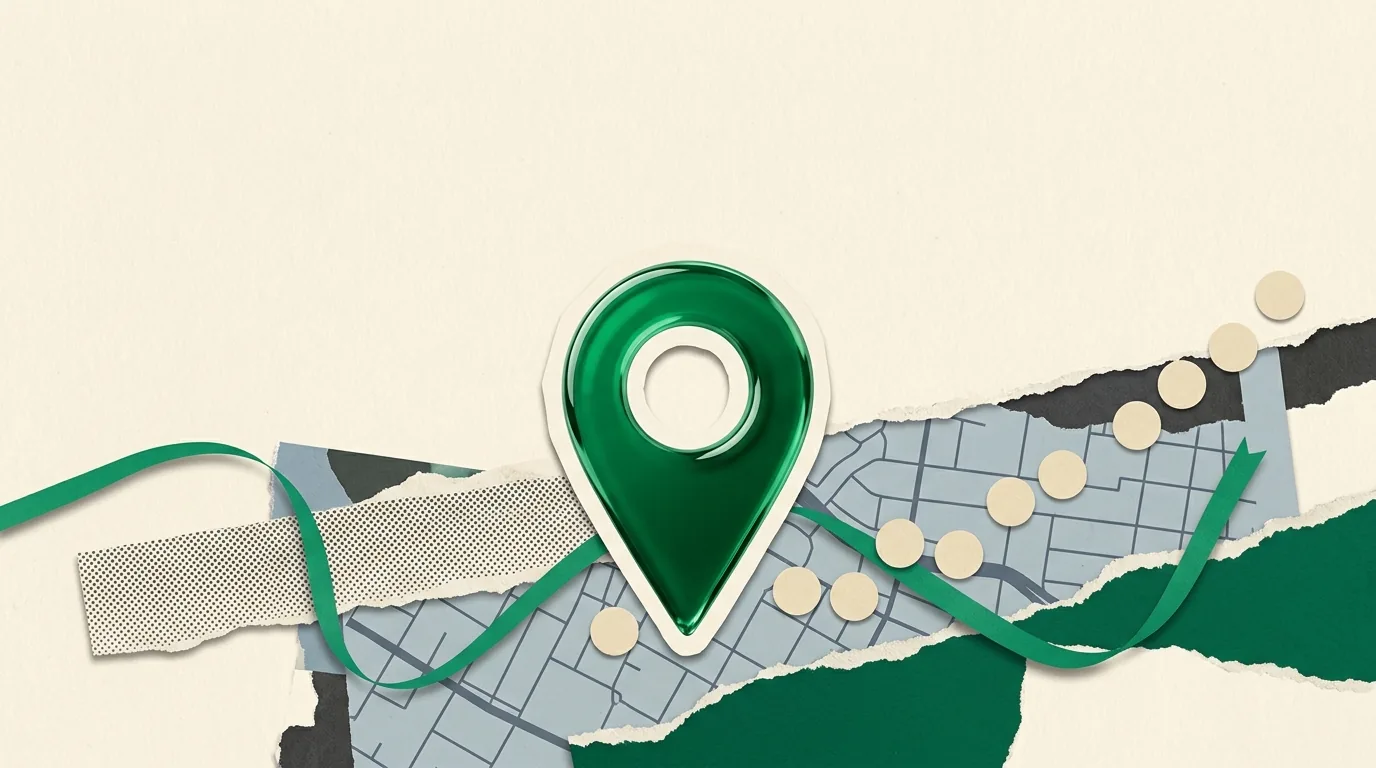 Editorial collage of an emerald map pin over torn paper map fragments and a rising curve of dots, representing dental SEO growth