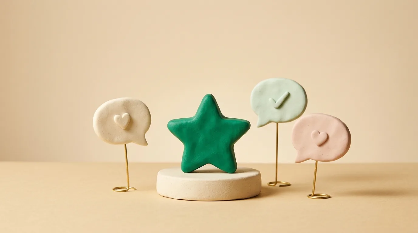 Claymation-style scene of an emerald clay star on a pedestal surrounded by clay speech-bubble review shapes, symbolizing dental reputation management