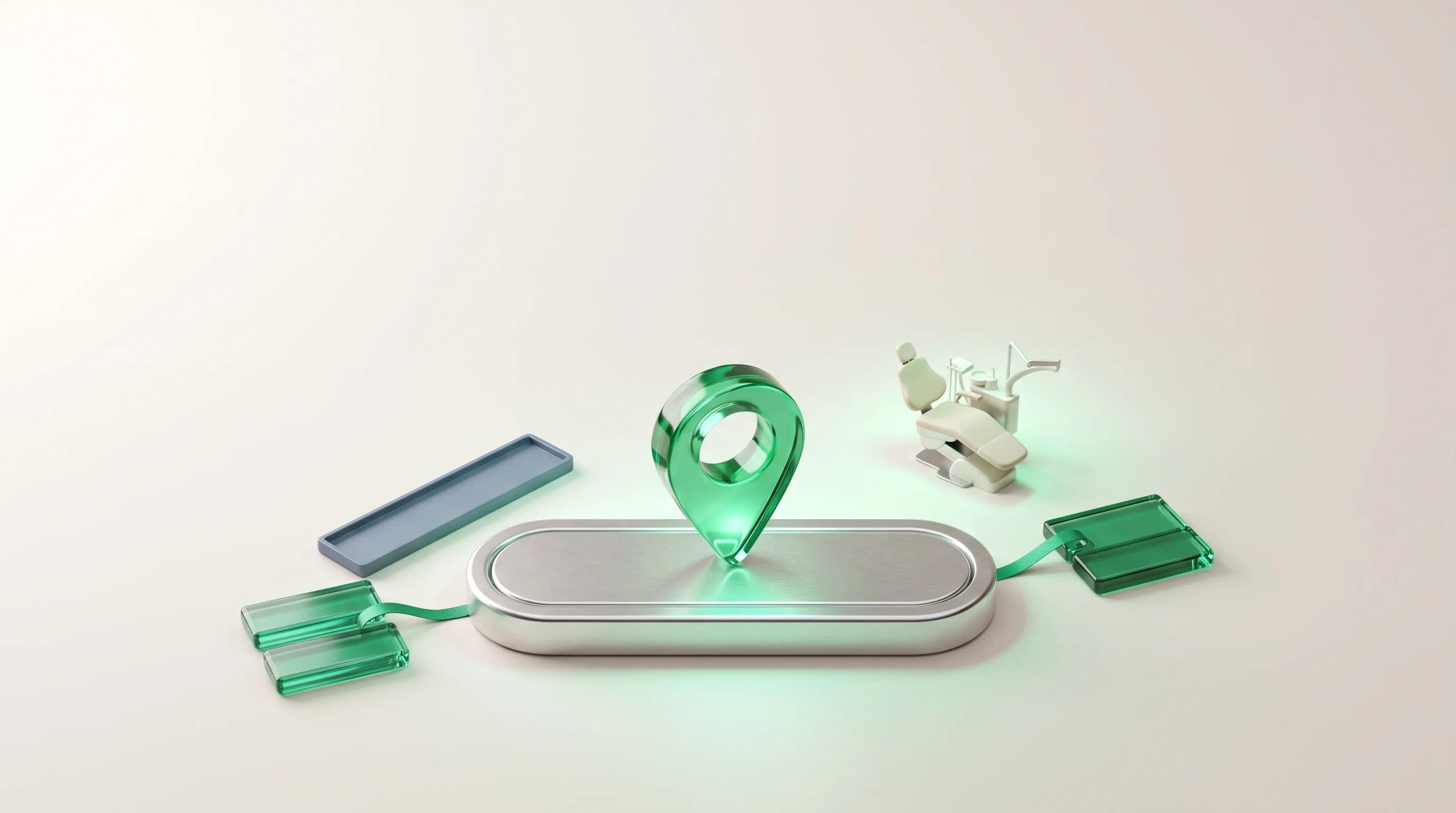 Emerald map pin on a search-bar-shaped base, with small cards and a miniature dental chair.