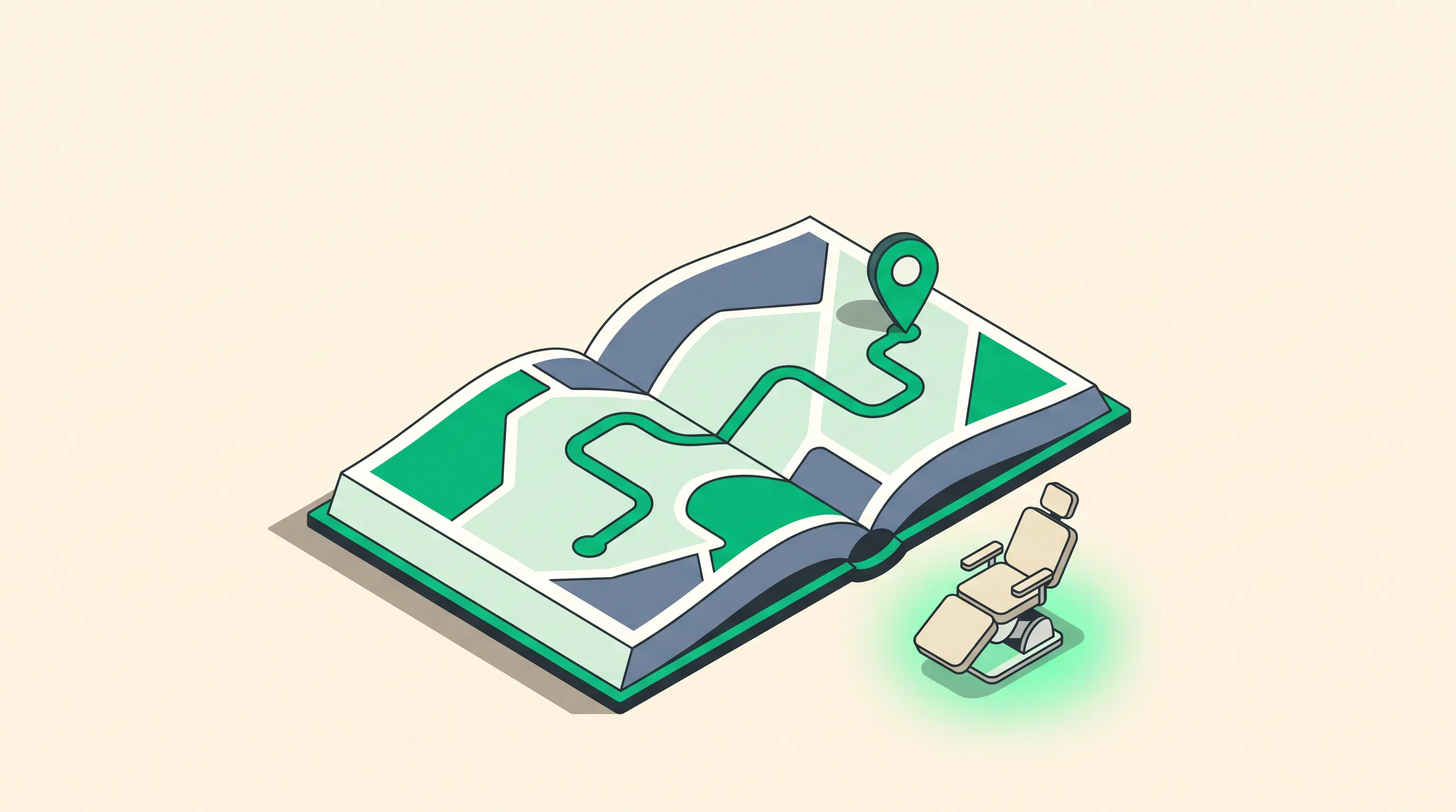 Isometric map-book with an emerald route leading to a pin and a dental chair, illustrating how to pick a pediatric dentist SEO provider
