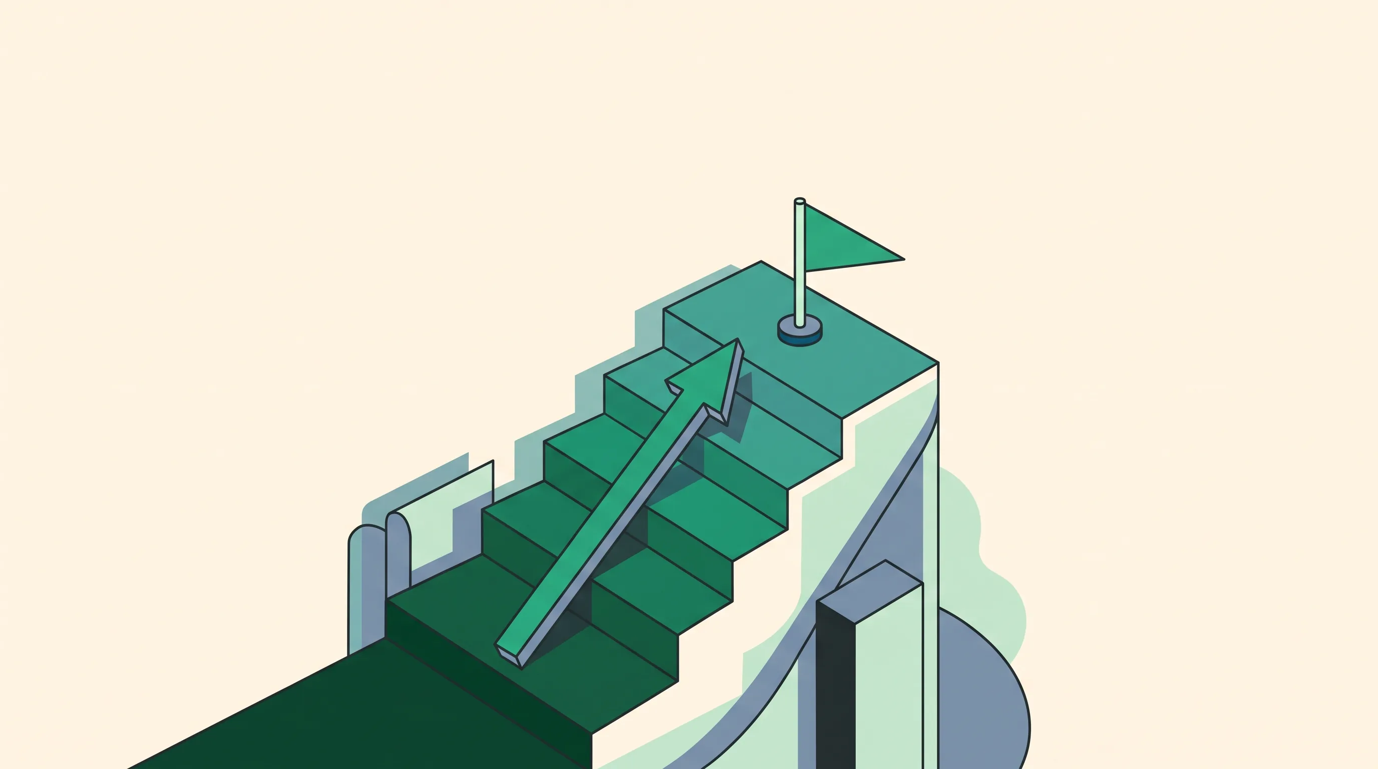 Isometric emerald staircase with an arrow climbing to a flag.