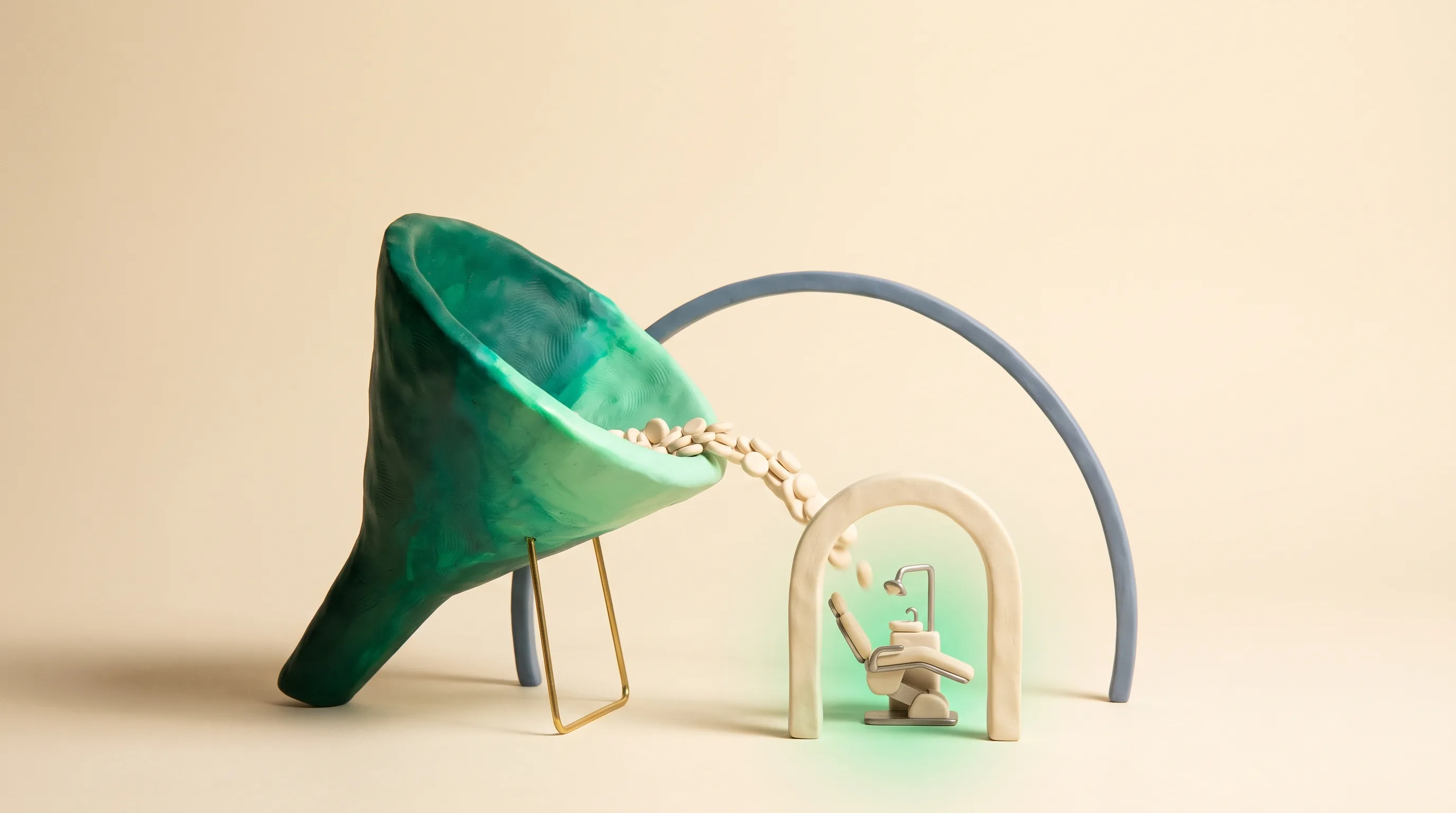 An emerald funnel pours small cream tokens toward a miniature dental treatment room.