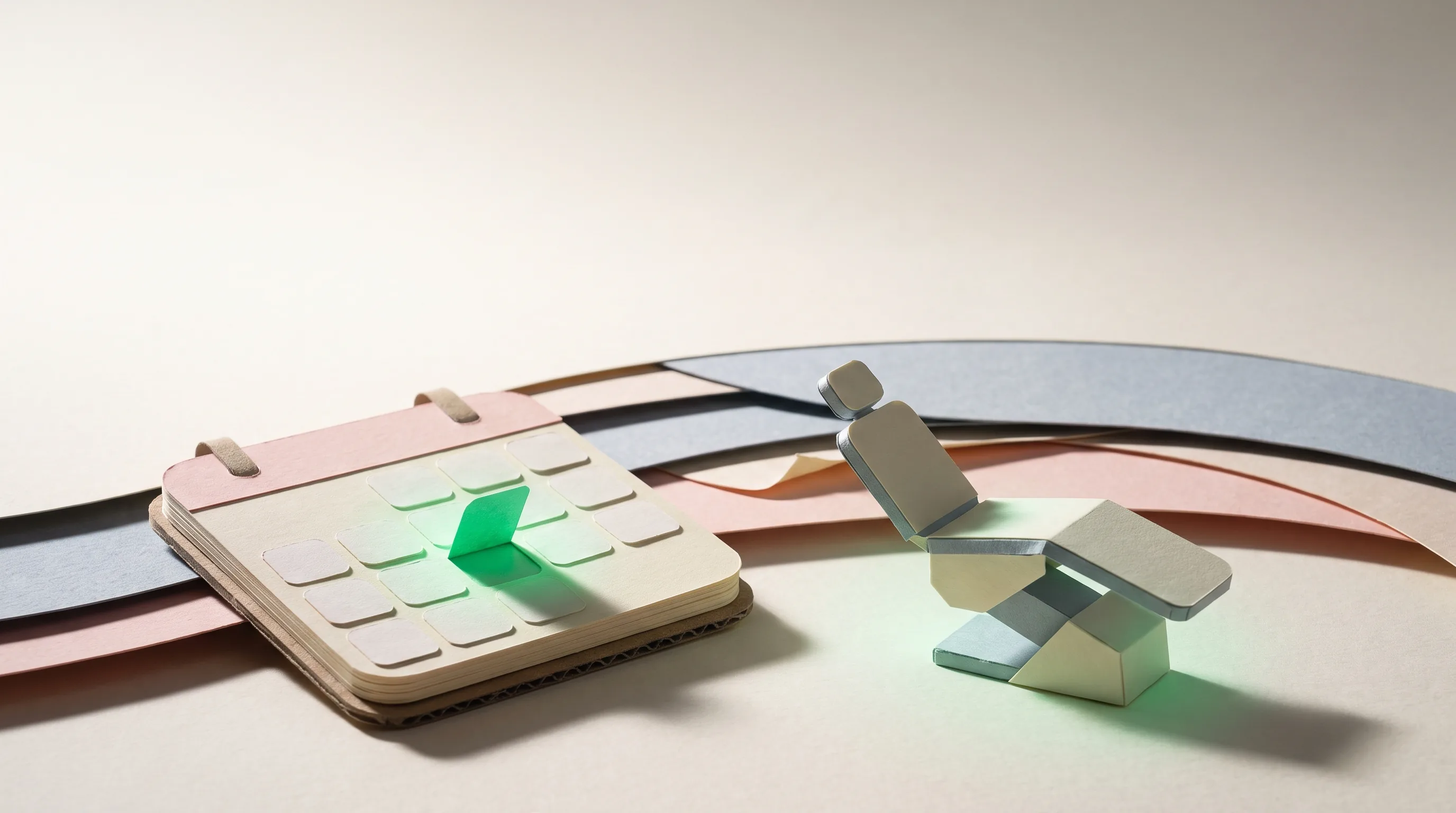 Paper-craft calendar with a highlighted emerald square beside a dental chair.