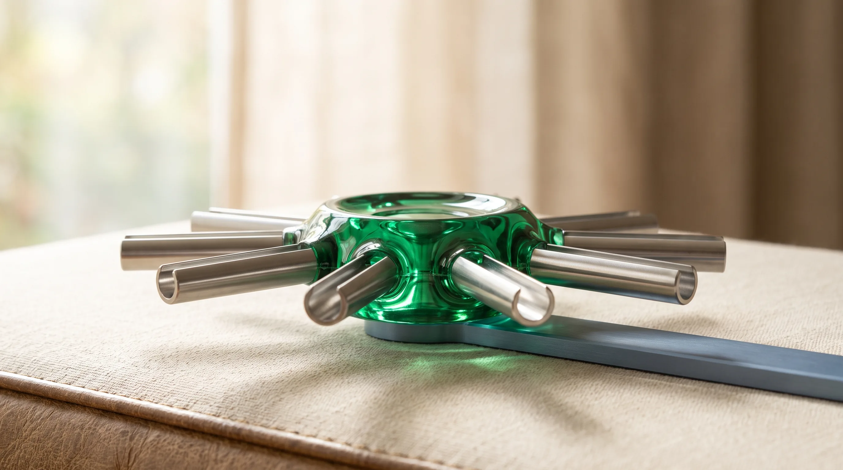 Emerald glass control-hub core with brushed-chrome channels radiating out.