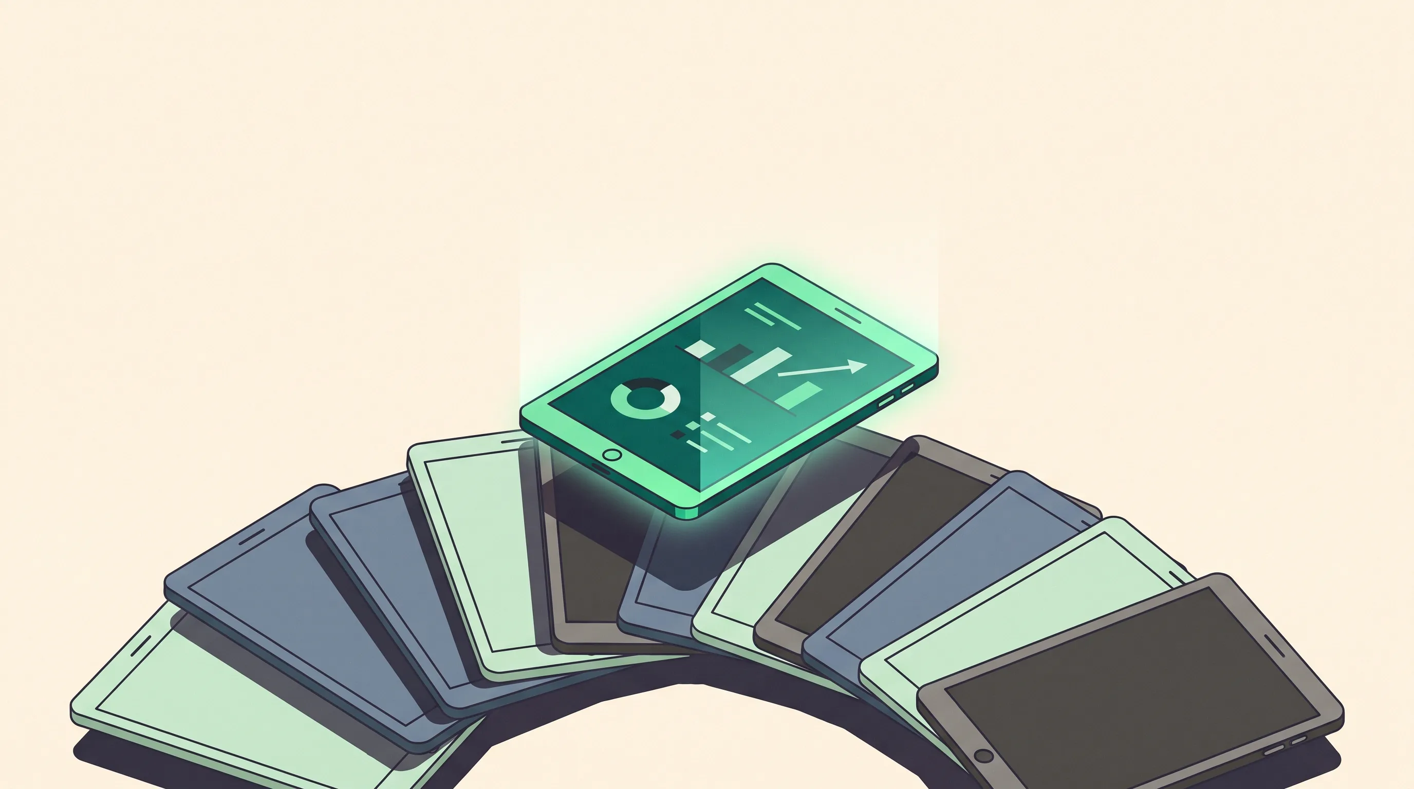 Editorial illustration of a fanned deck of SEO tactic cards with one emerald card raised, symbolizing high ROI SEO for dentists built around case value