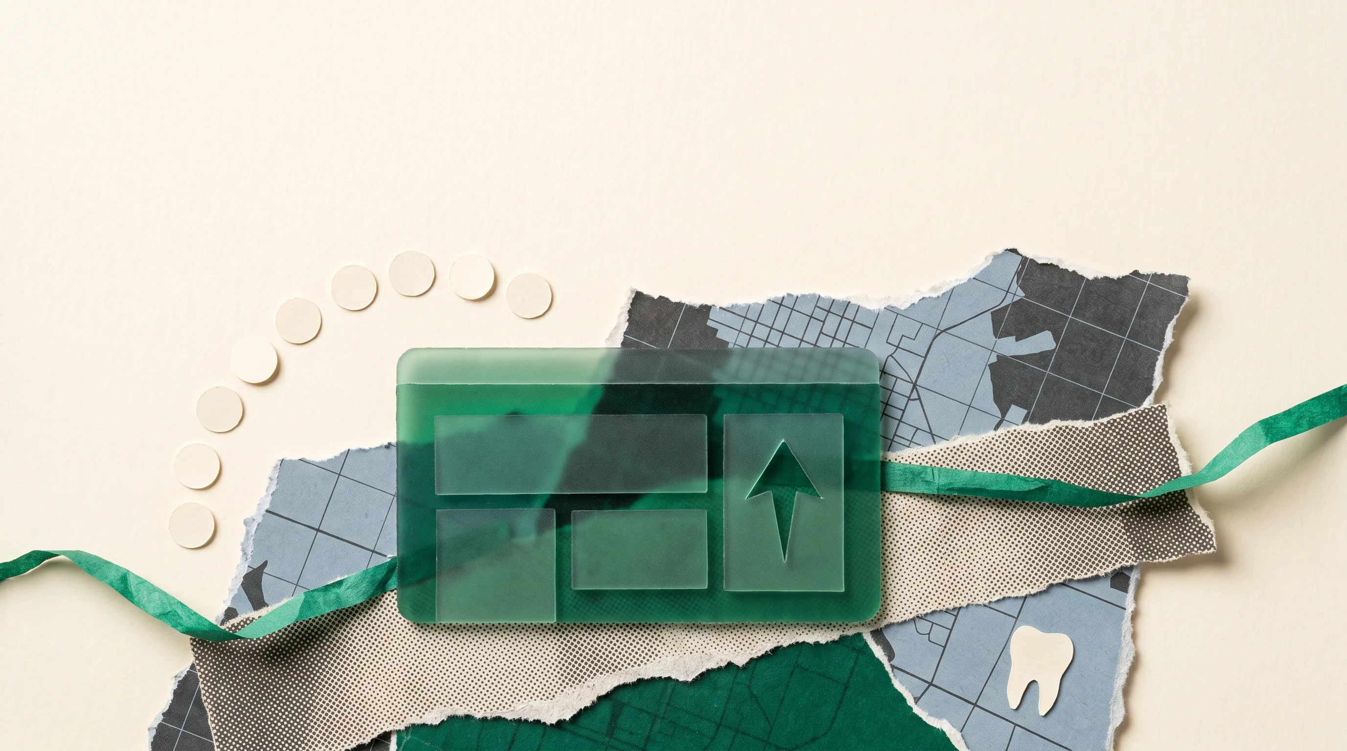 Editorial collage of an emerald browser card with an upward arrow over torn map fragments.