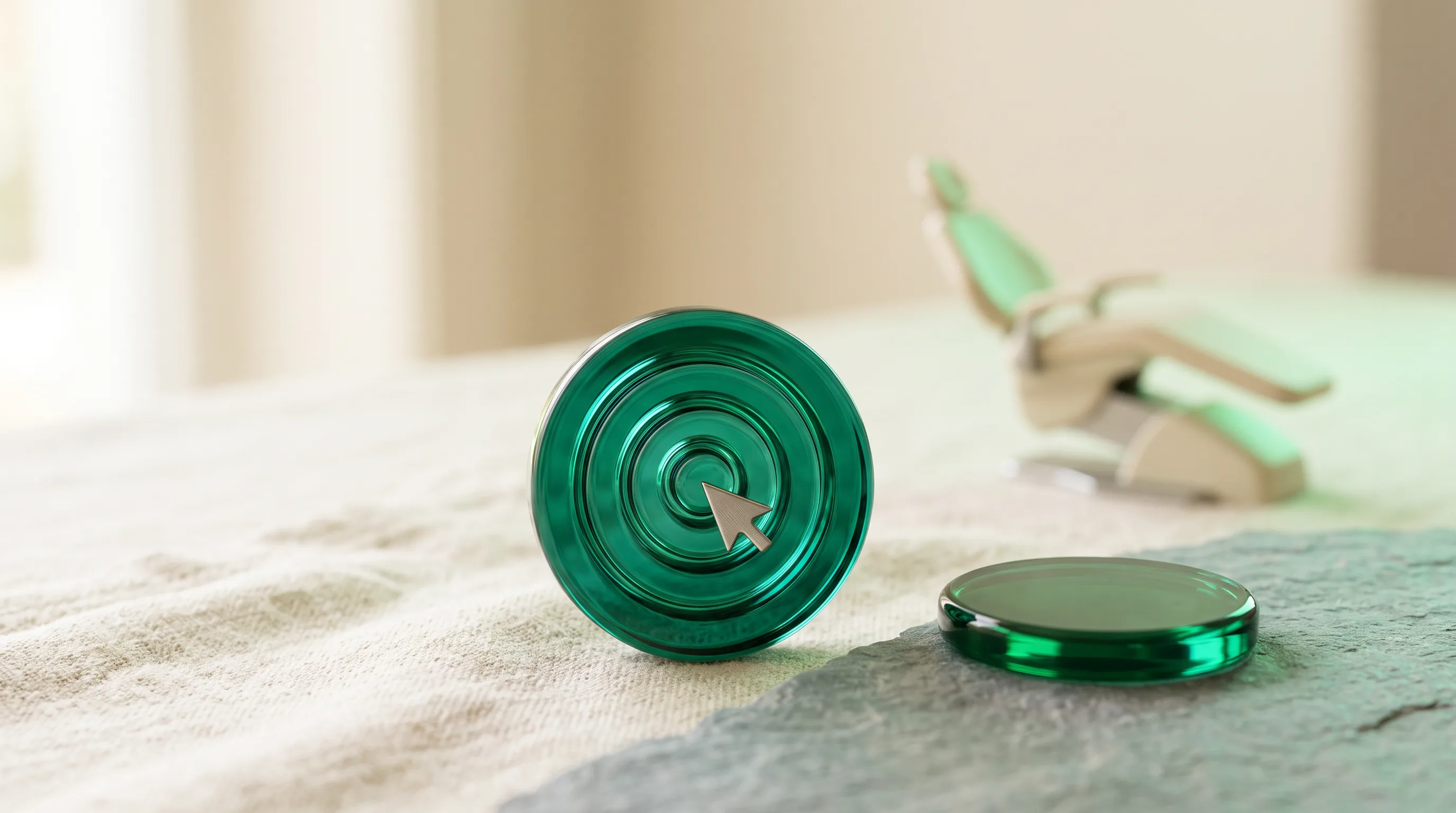 Emerald glass target bullseye with a cursor click, illustrating Google Maps SEO for dentists converting map visibility into booked chairs