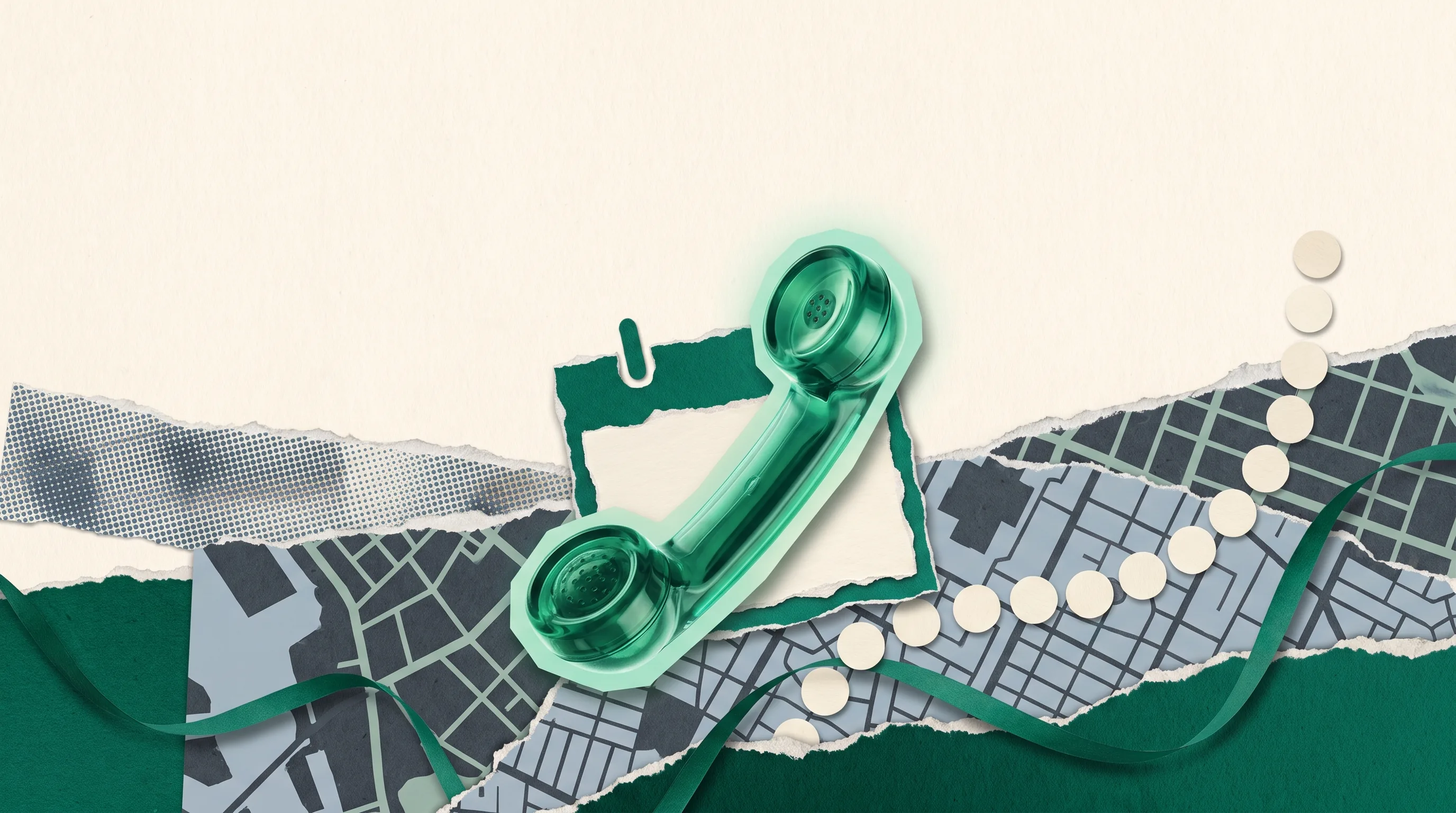Editorial collage of an emerald glass telephone handset and booked appointment card over a city map, illustrating SEO tips for dental practices that turn clicks into booked plans