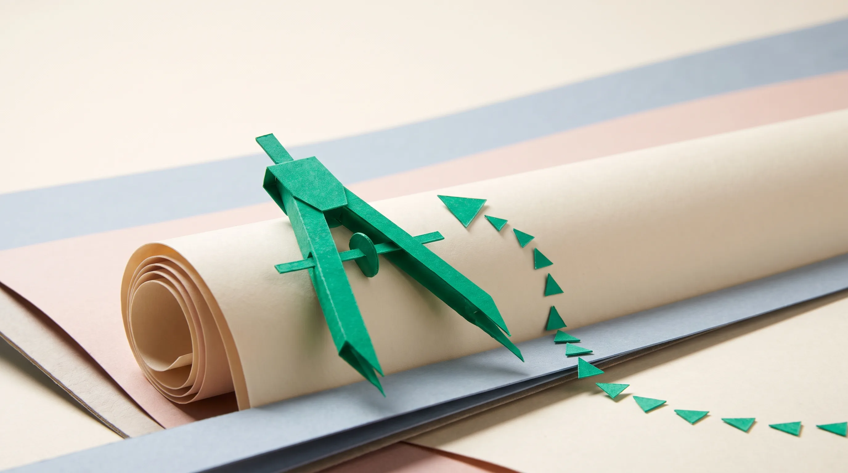 Cut-paper diorama of a blueprint scroll with an emerald compass and dotted arrow path.