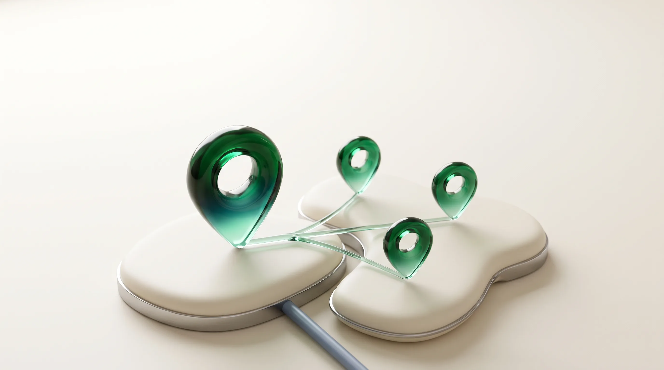 Emerald glass location pin branching into three clinic pins.