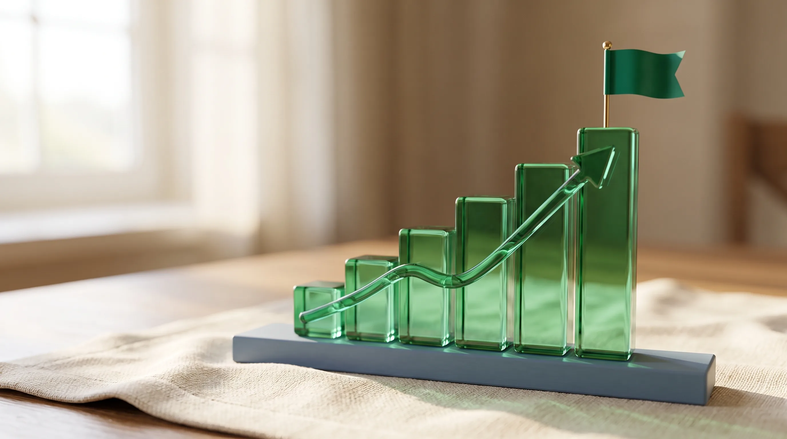 Emerald glass bar-chart podium with a rising trend line and flag.