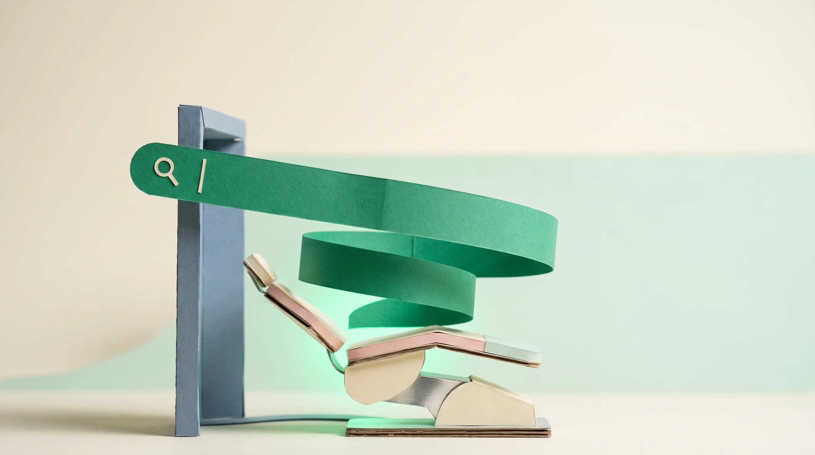 Paper-craft emerald search bar feeding a dental chair, illustrating how to choose a dental SEO company