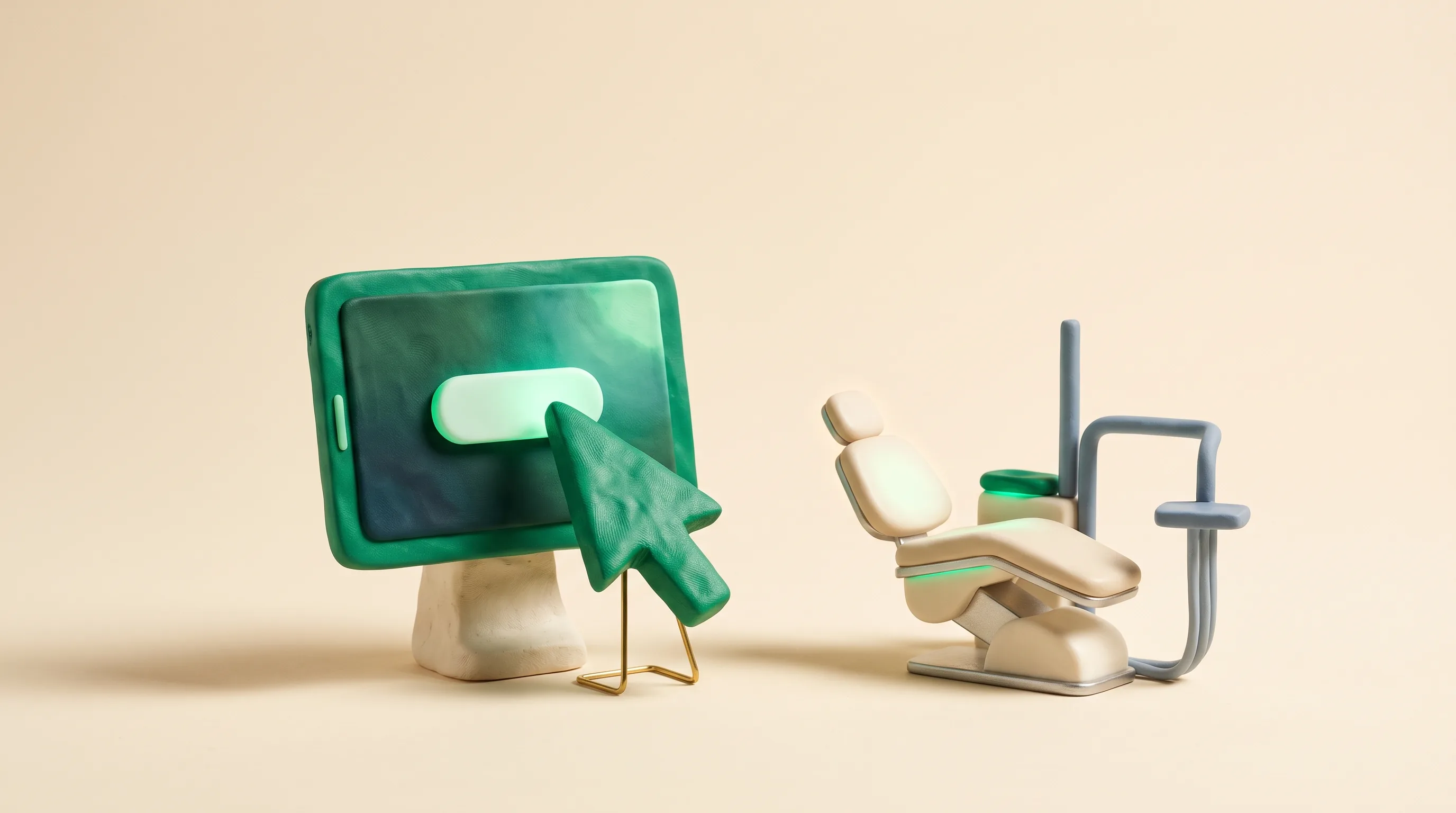 An emerald cursor points to a blank button on a screen beside a dental chair.