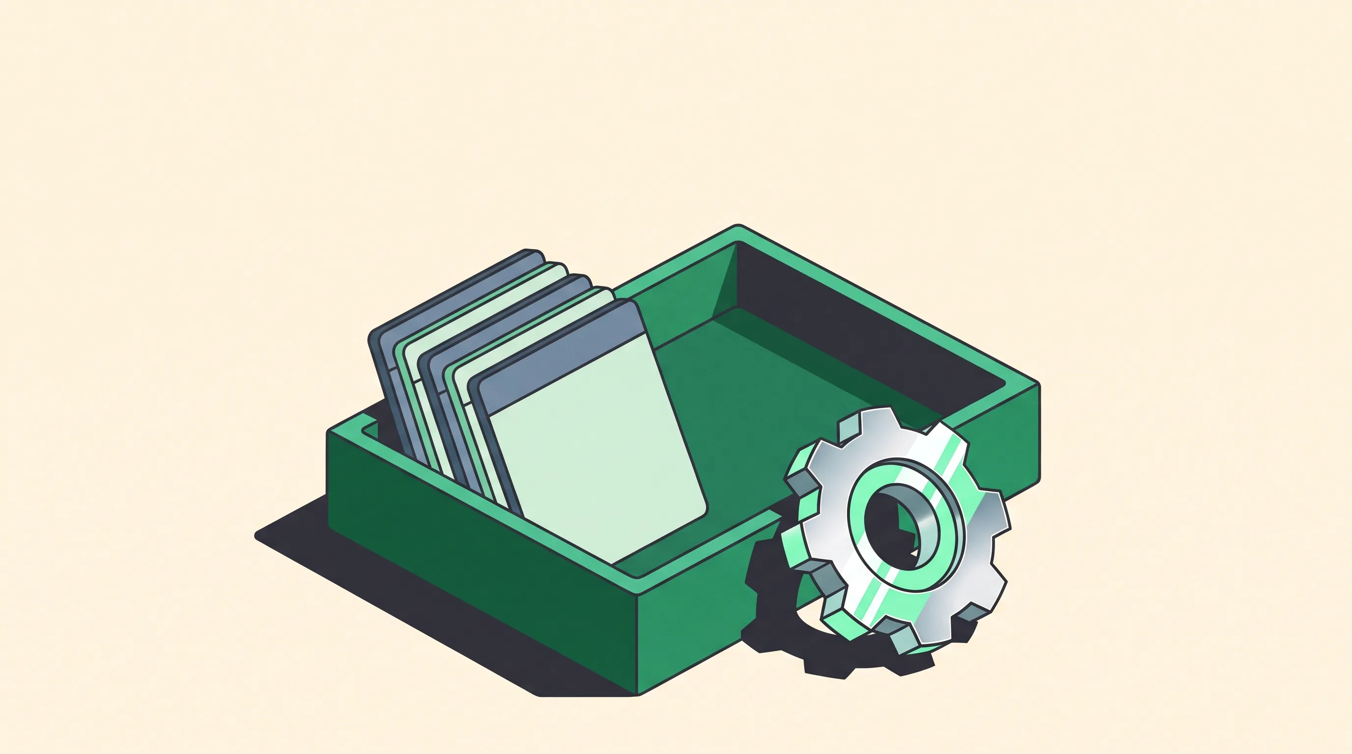 Isometric emerald toolkit tray with stacked service tiles and a chrome gear.