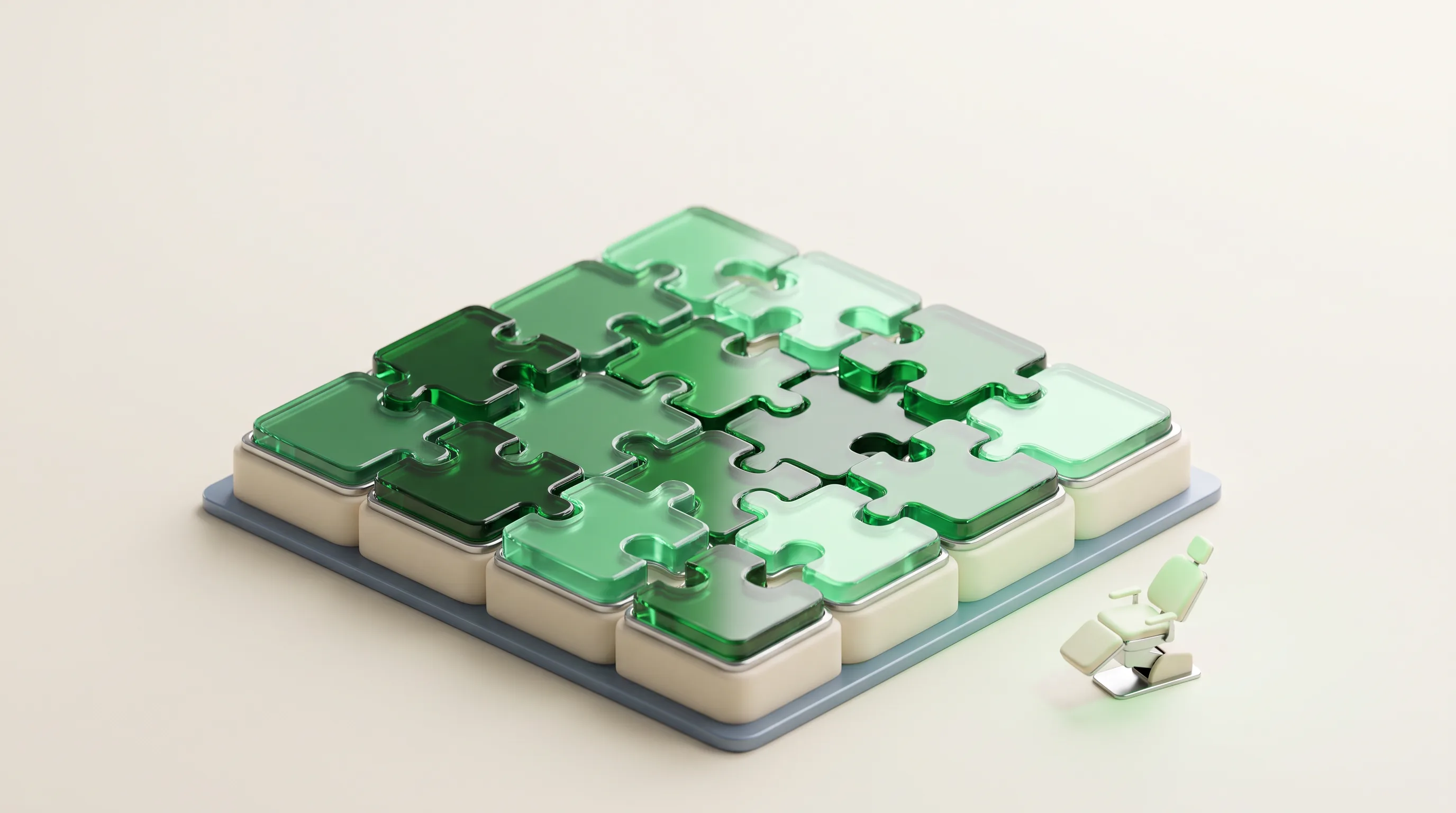 Emerald glass jigsaw of local listing tiles clicking into place beside a dental chair, illustrating dental SEM search engine marketing