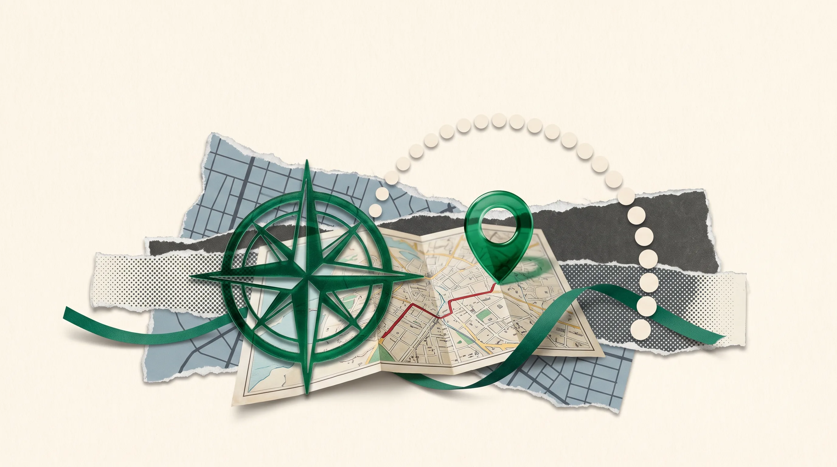 Editorial collage of an emerald compass rose over a city map with a route to a pin, evoking how to pick top dental SEO companies