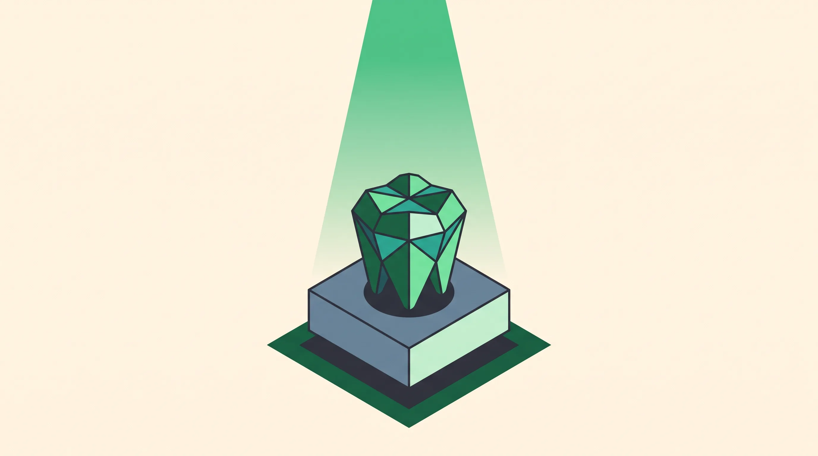 Flat vector illustration of an emerald tooth-gem under a spotlight symbolising focused dental implant SEO