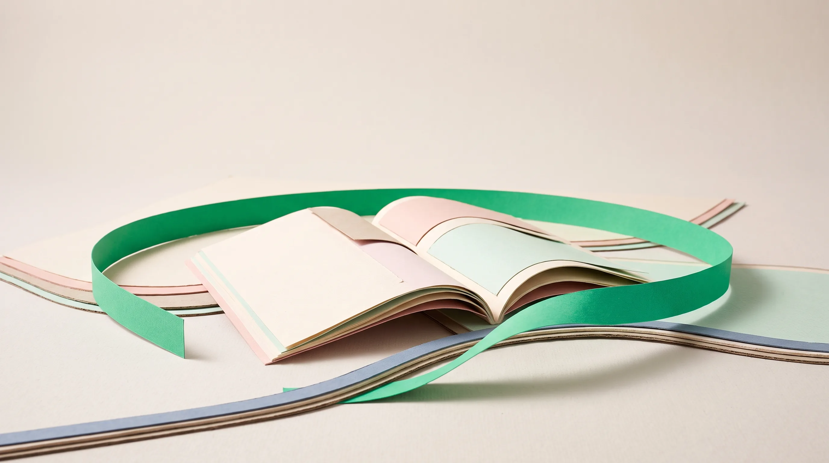Cut-paper diorama of an open book with layered pastel pages and an emerald ribbon, illustrating SEO tips for dentists