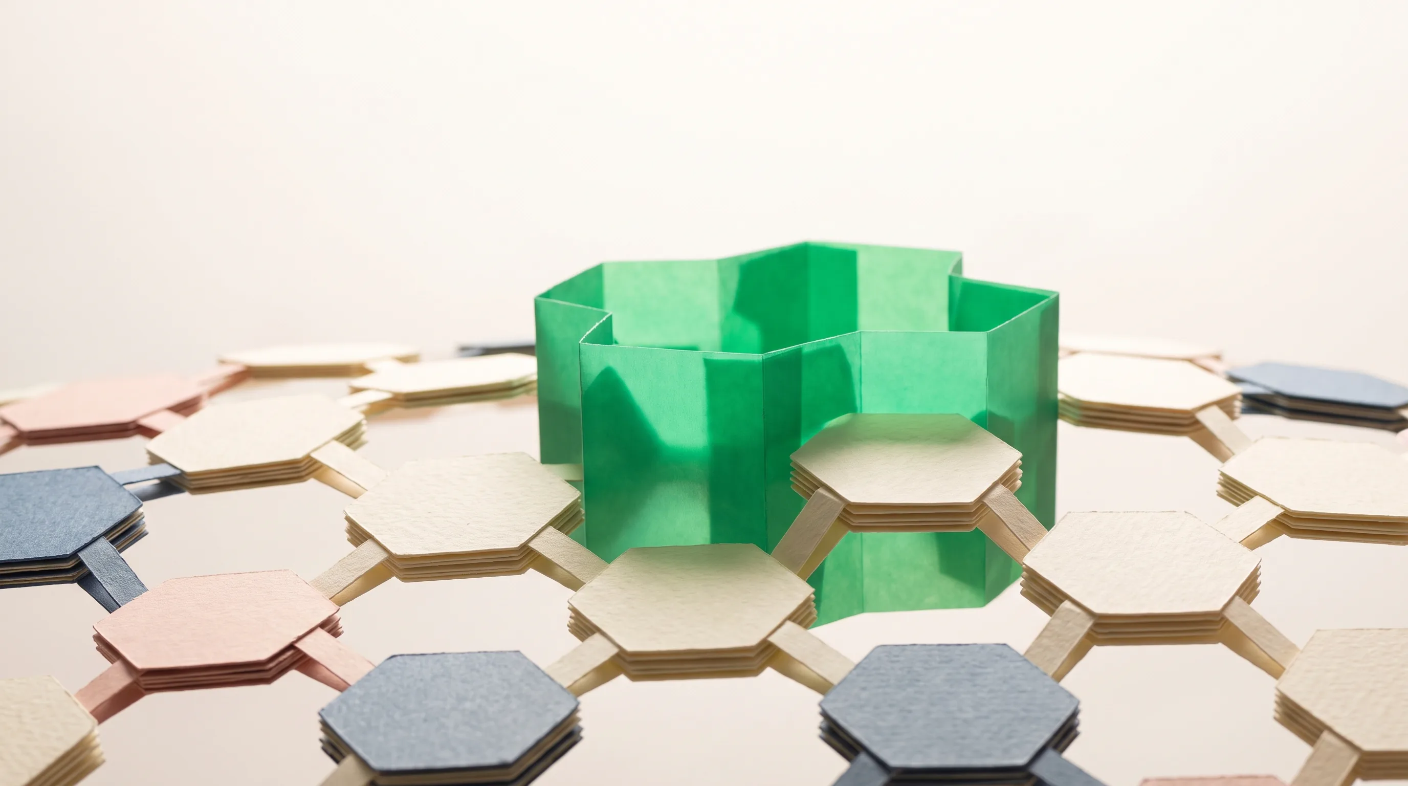 Paper-craft hexagon network of connected dental clinic locations with one emerald hub, illustrating multi location dental SEO