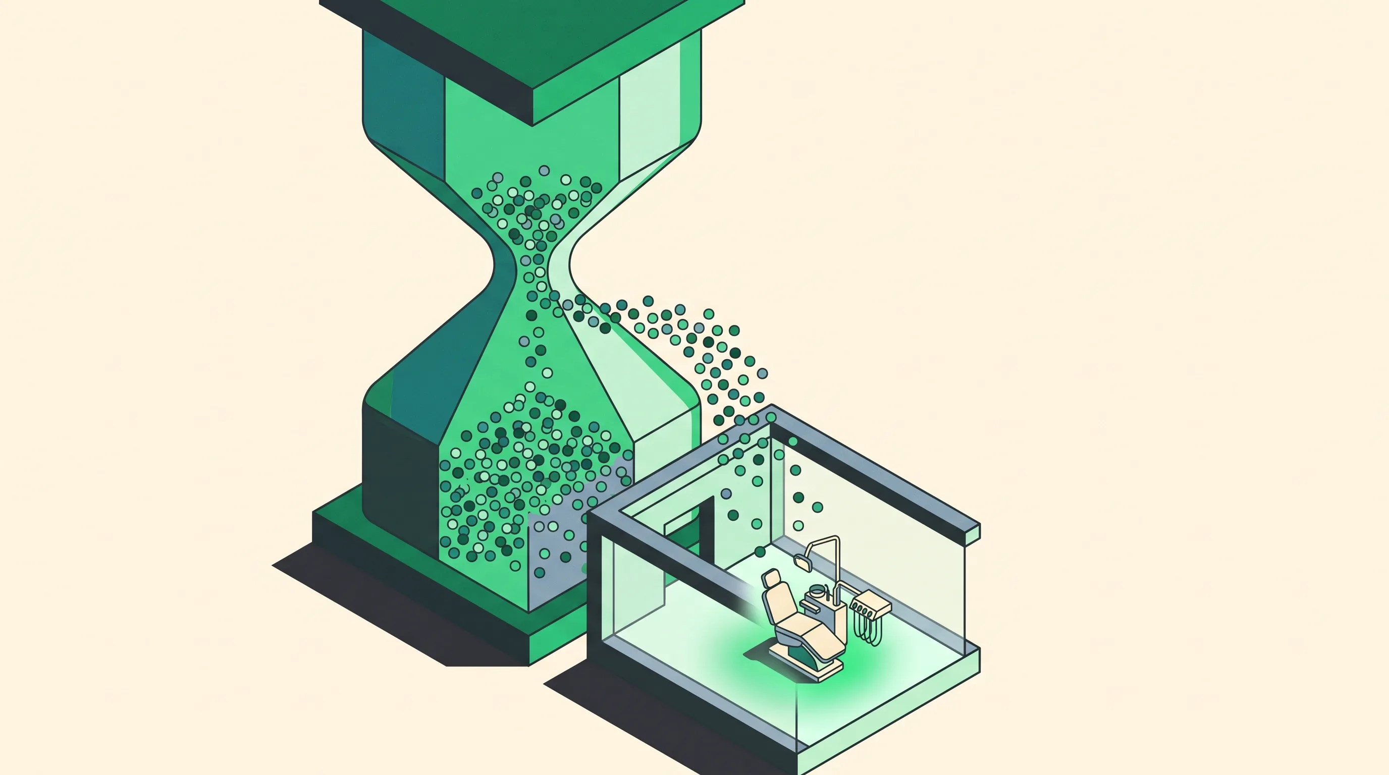 Isometric emerald hourglass funneling patient tokens into a dental clinic, illustrating dental SEO Orem turning local rankings into booked appointments
