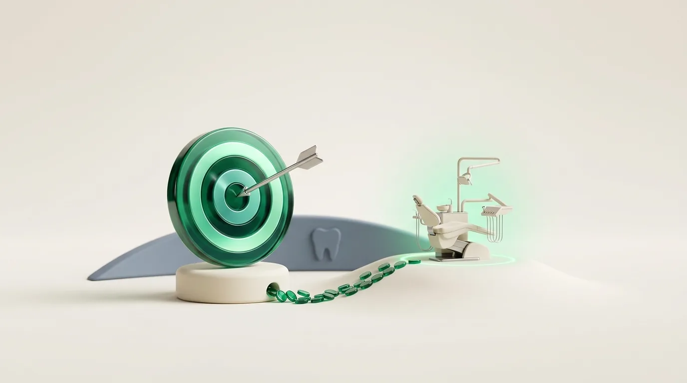 Emerald glass target hit by a chrome arrow feeding patient tokens into a dental chair, illustrating dental advertising that turns clicks into booked consults