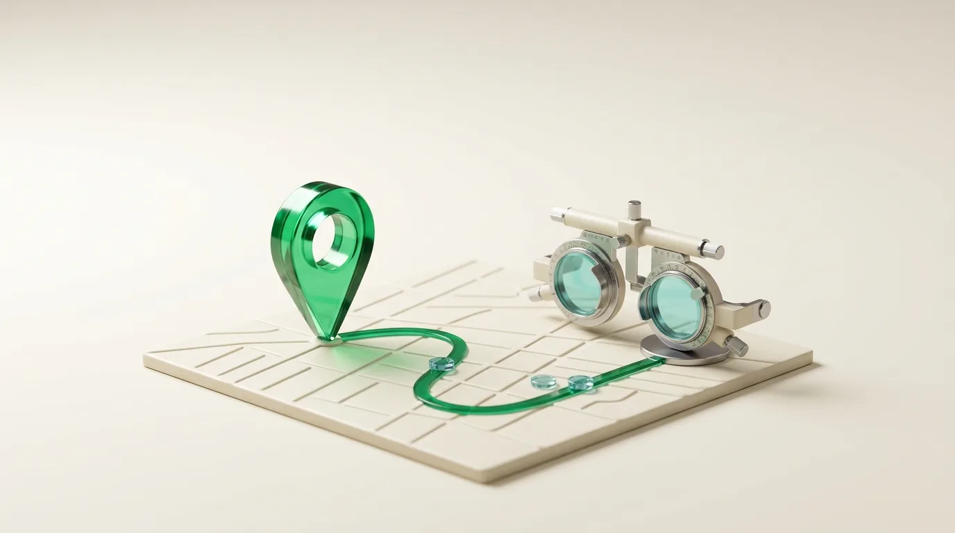 Eye care SEO diorama: an emerald map pin on a city grid linked by a path to a miniature eye exam phoropter.