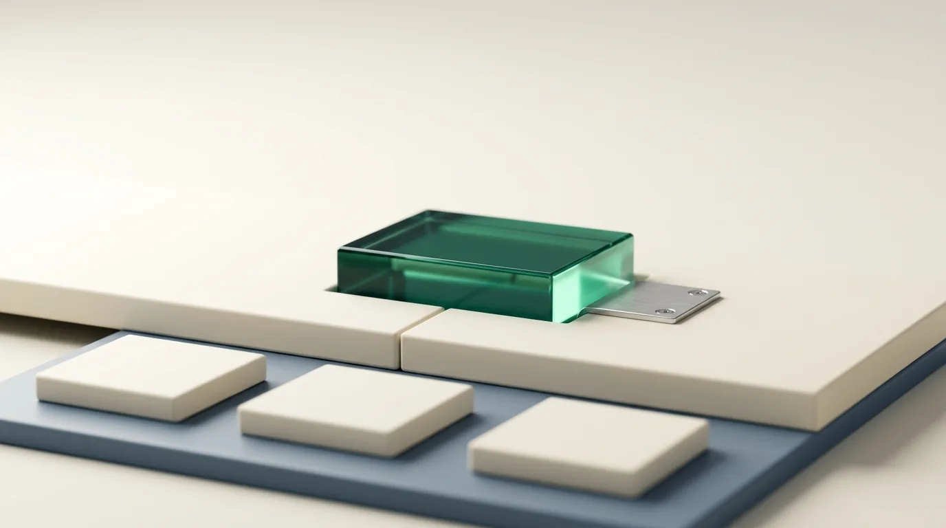 Two cream panels locked together by a single emerald glass key block beside loose unused blocks, illustrating dental backlinks that connect the right pages.