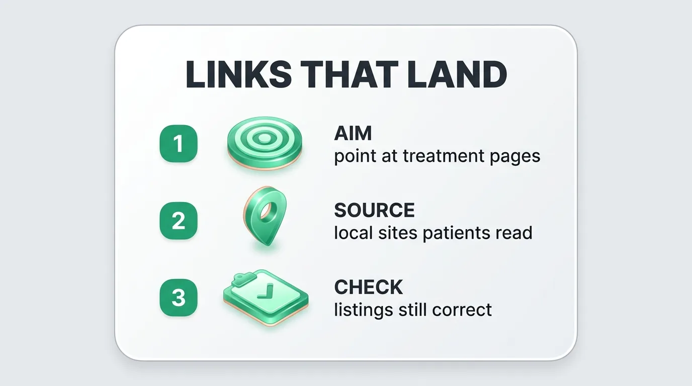 Infographic card summarising dental backlinks in three steps: aim at treatment pages, source local sites, check listings stay correct.