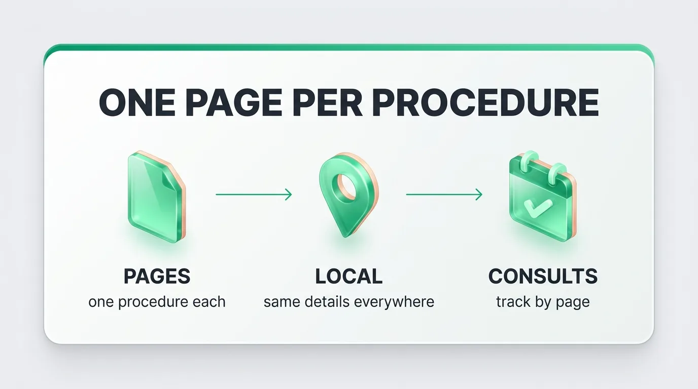 Infographic card summarising cosmetic surgery search engine optimization: one page per procedure, consistent local details, consults tracked by page.