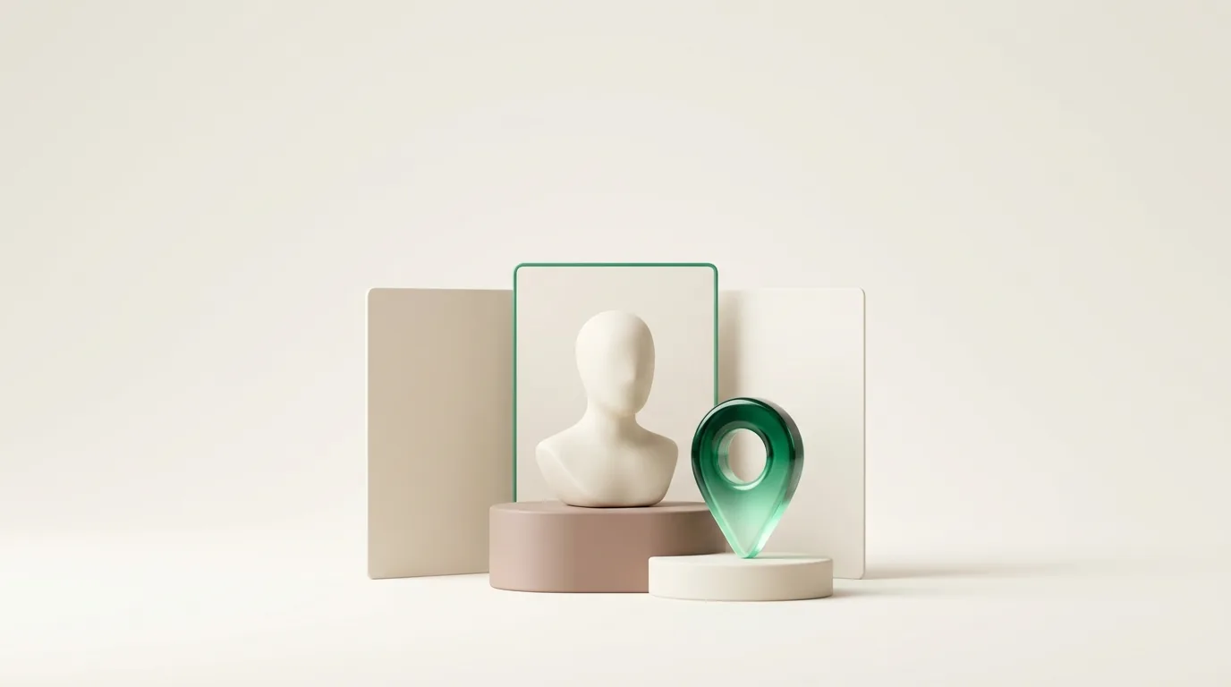 Faceless sculpted cream bust on a taupe pedestal beside an emerald glass map pin and fanned procedure page cards, illustrating cosmetic surgery search engine optimization.