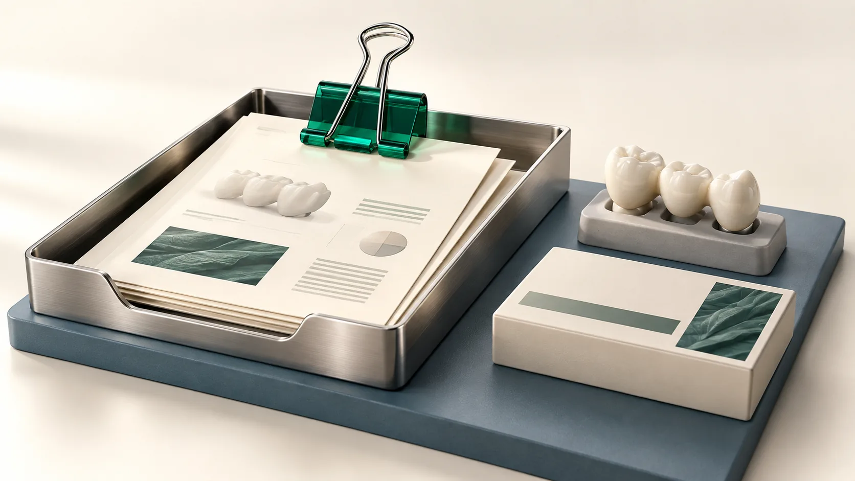 Emerald binder clip holding an evidence pack beside dental samples, illustrating a vendor preparing information for a dental practice buyer.