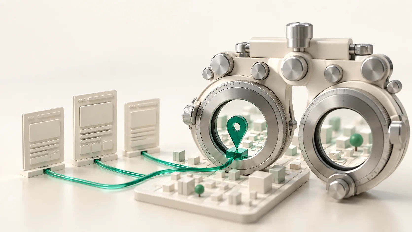 Chrome phoropter framing an emerald map pin beside three website cards, illustrating a local SEO page plan for optometrists.